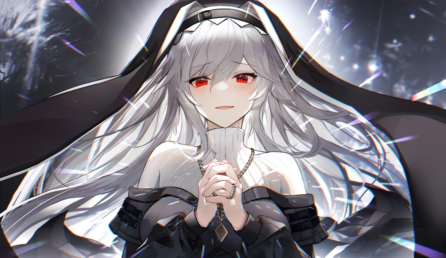 arknights, blush, gray_hair, long_hair, necklace, nun, omone_hokoma_agm, red_eyes