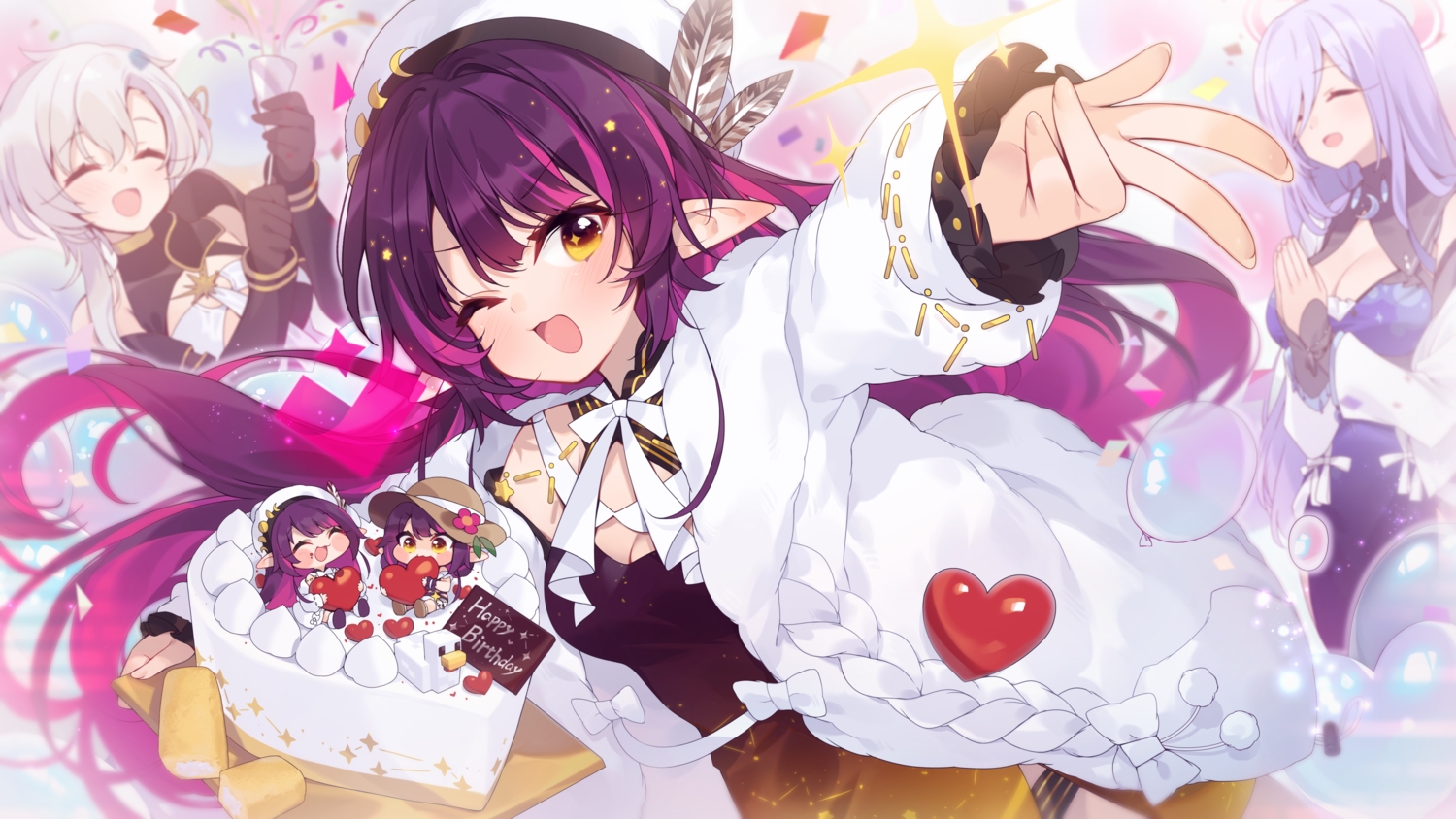 animal, bird, blue_hair, blush, bow, breasts, cake, cat_smile