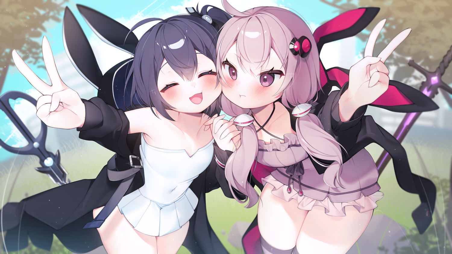 2girls, animal_ears, black_hair, blush, bunny_ears, cat_smile, clouds, dress