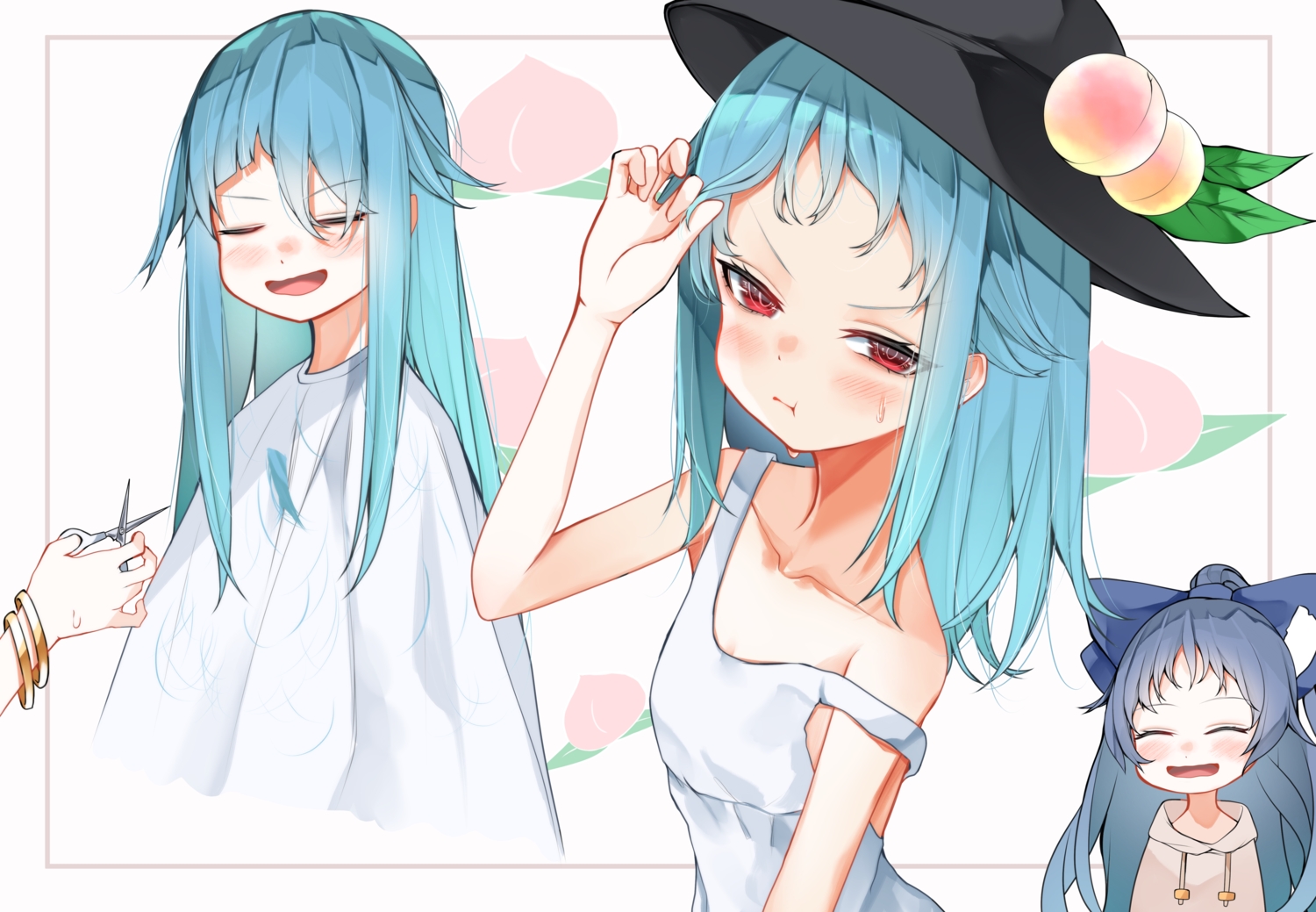 2girls, aqua_hair, blue_hair, blush, bow, dress, food, fruit