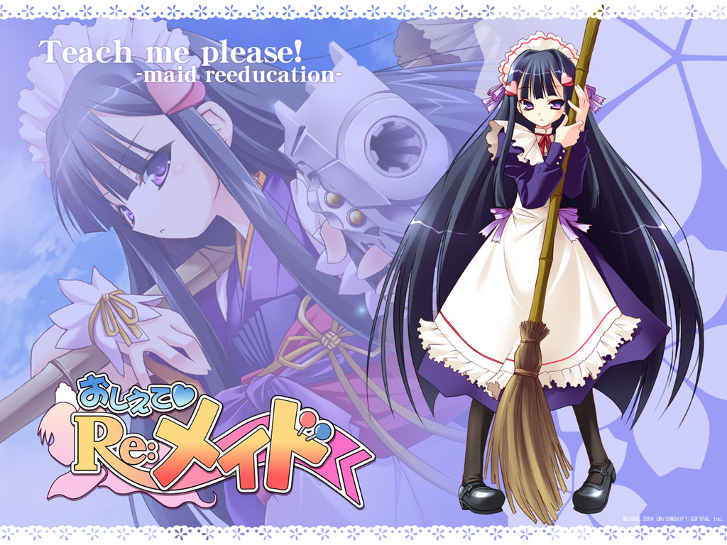 black_hair, gun, itou_noiji, long_hair, maid, oshiete_re_maid, purple_eyes, shiraha