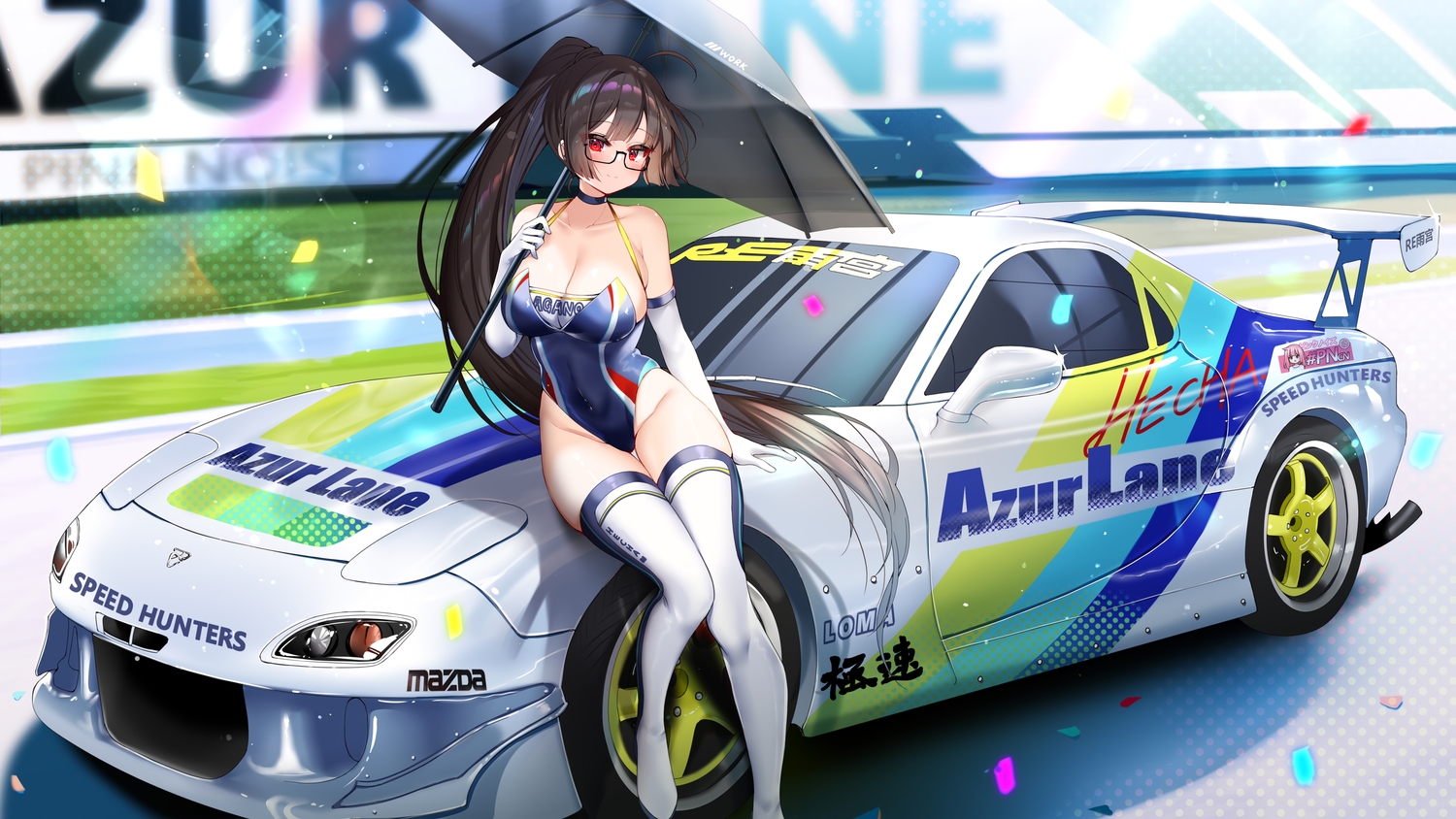 agano_(azur_lane), anthropomorphism, azur_lane, breasts, brown_hair, car, cleavage, elbow_gloves, glasses, gloves, hecha_(01964237), long_hair, ponytail, red_eyes, swimsuit, thighhighs, umbrella