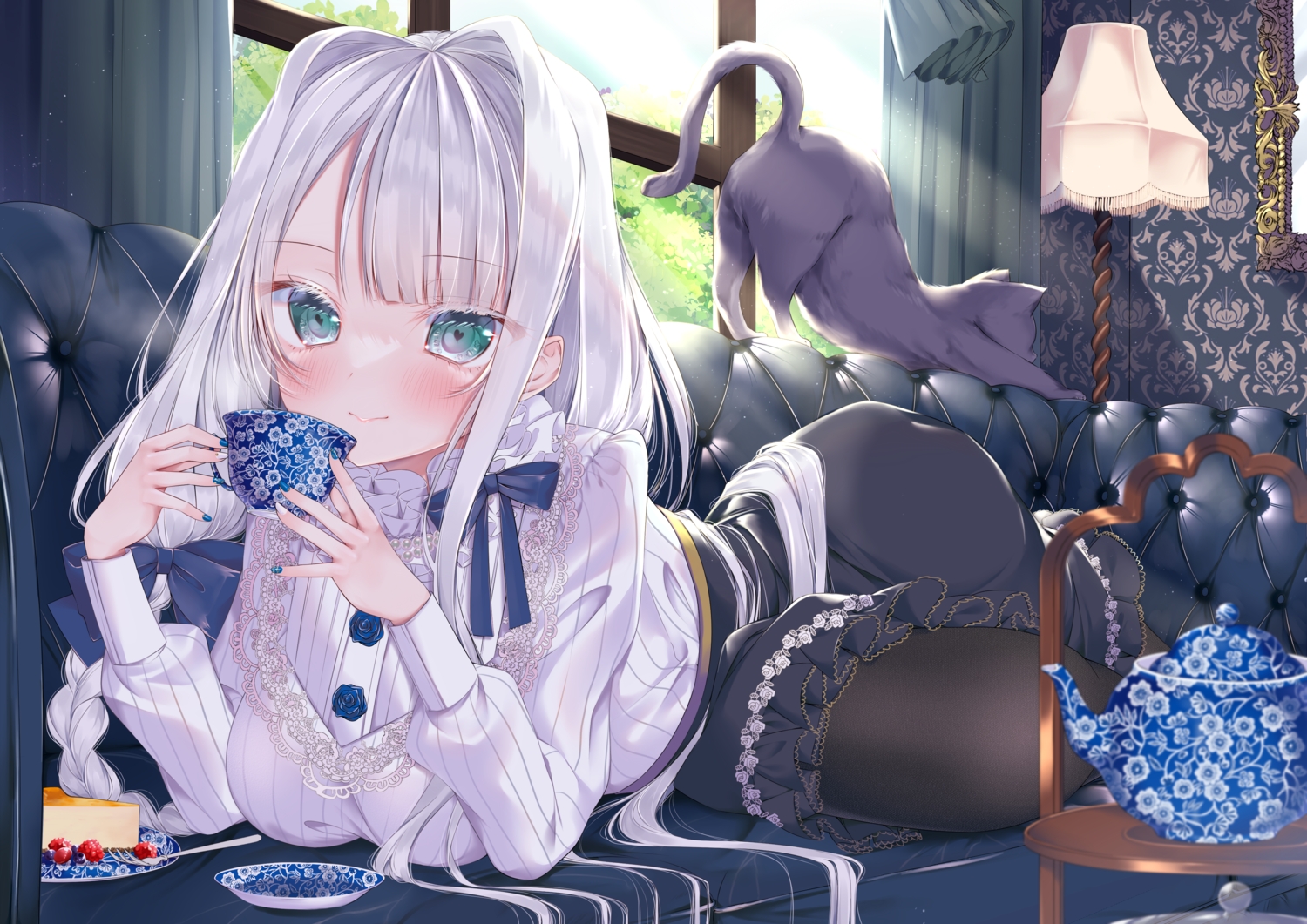 animal, cake, cat, couch, drink, food, gray_hair, green_eyes, long_hair, original, pantyhose, shirt, tenti0619