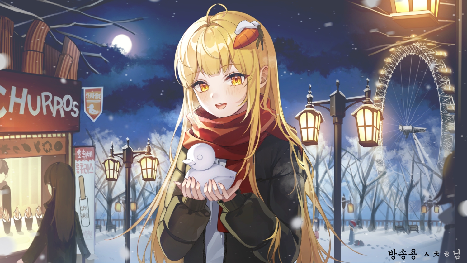 blonde_hair, blush, clouds, eunyoo, food, long_hair, moon, night