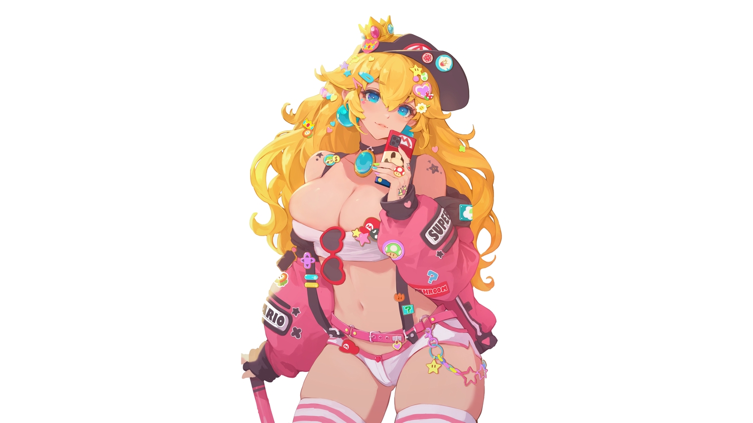 aqua_eyes, blonde_hair, breasts, choker, cleavage, crown, hat, heart