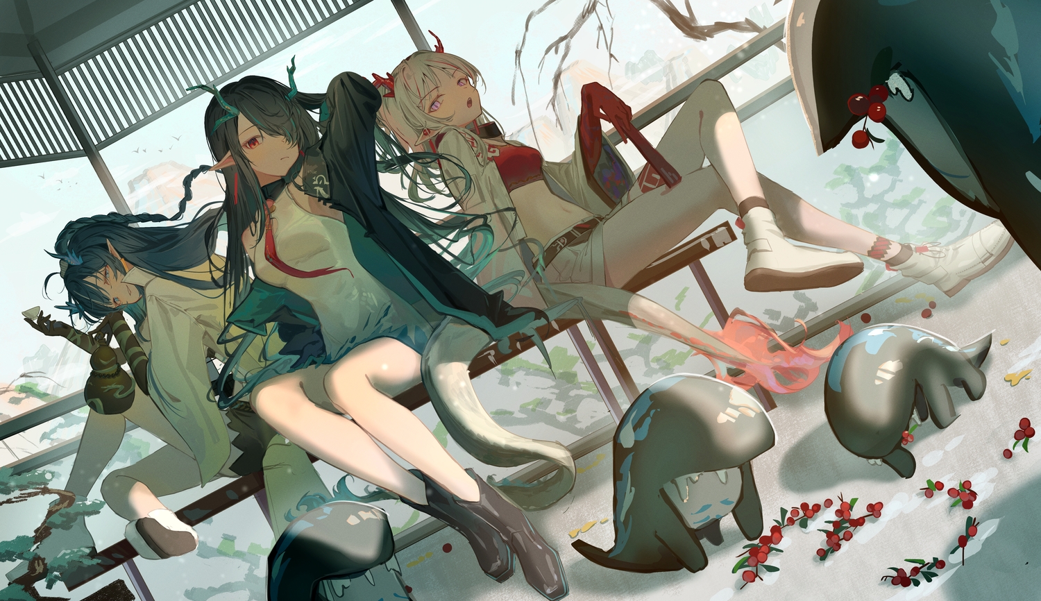 arknights, blue_hair, braids, dusk_(arknights), horns, ling_(arknights), long_hair, natsuba002, navel, nian_(arknights), pointed_ears, purple_eyes, red_eyes, shorts, white_hair