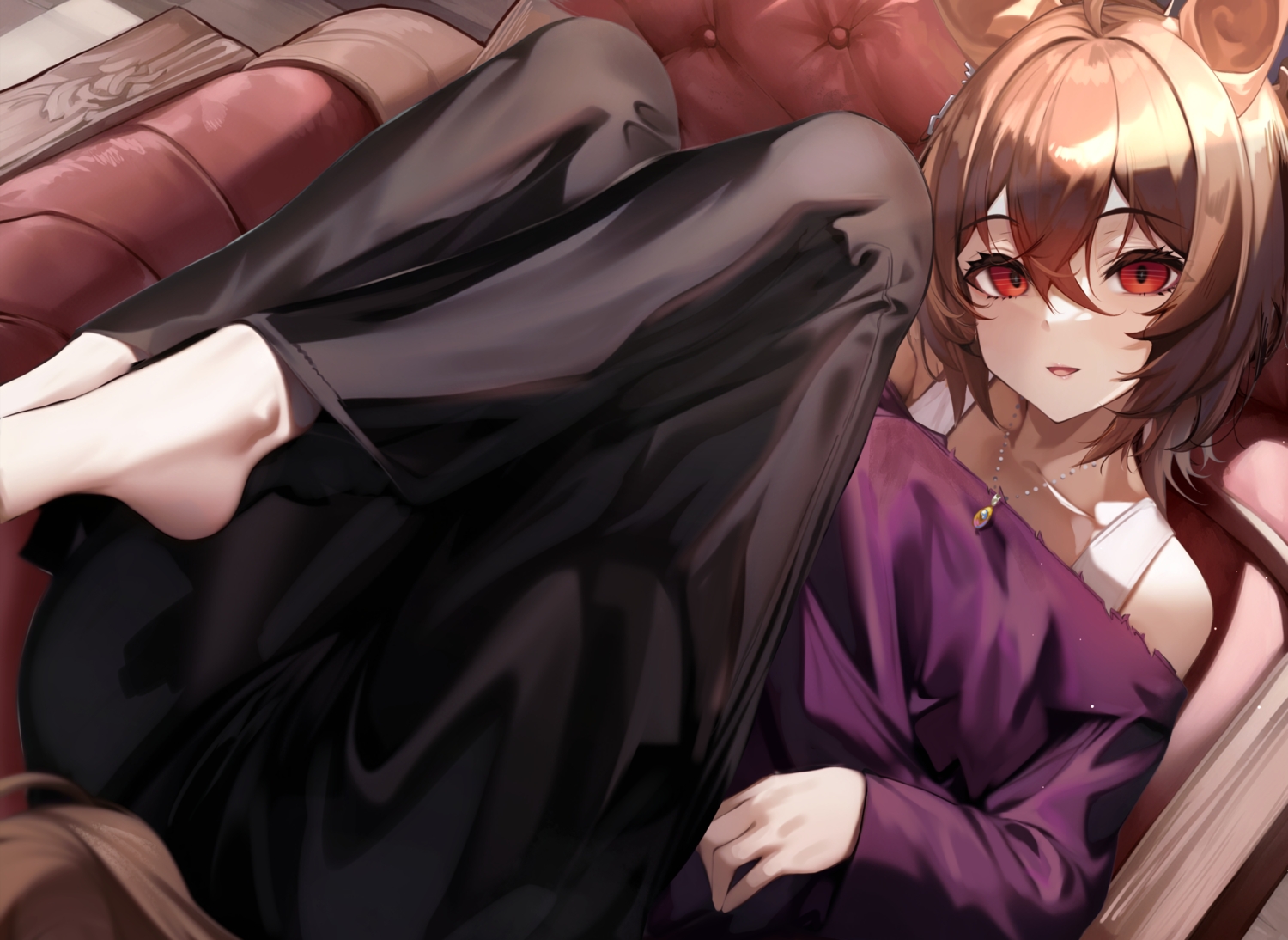 agnes_tachyon_(umamusume), animal_ears, anthropomorphism, barefoot, brown_hair, necklace, red_eyes, short_hair