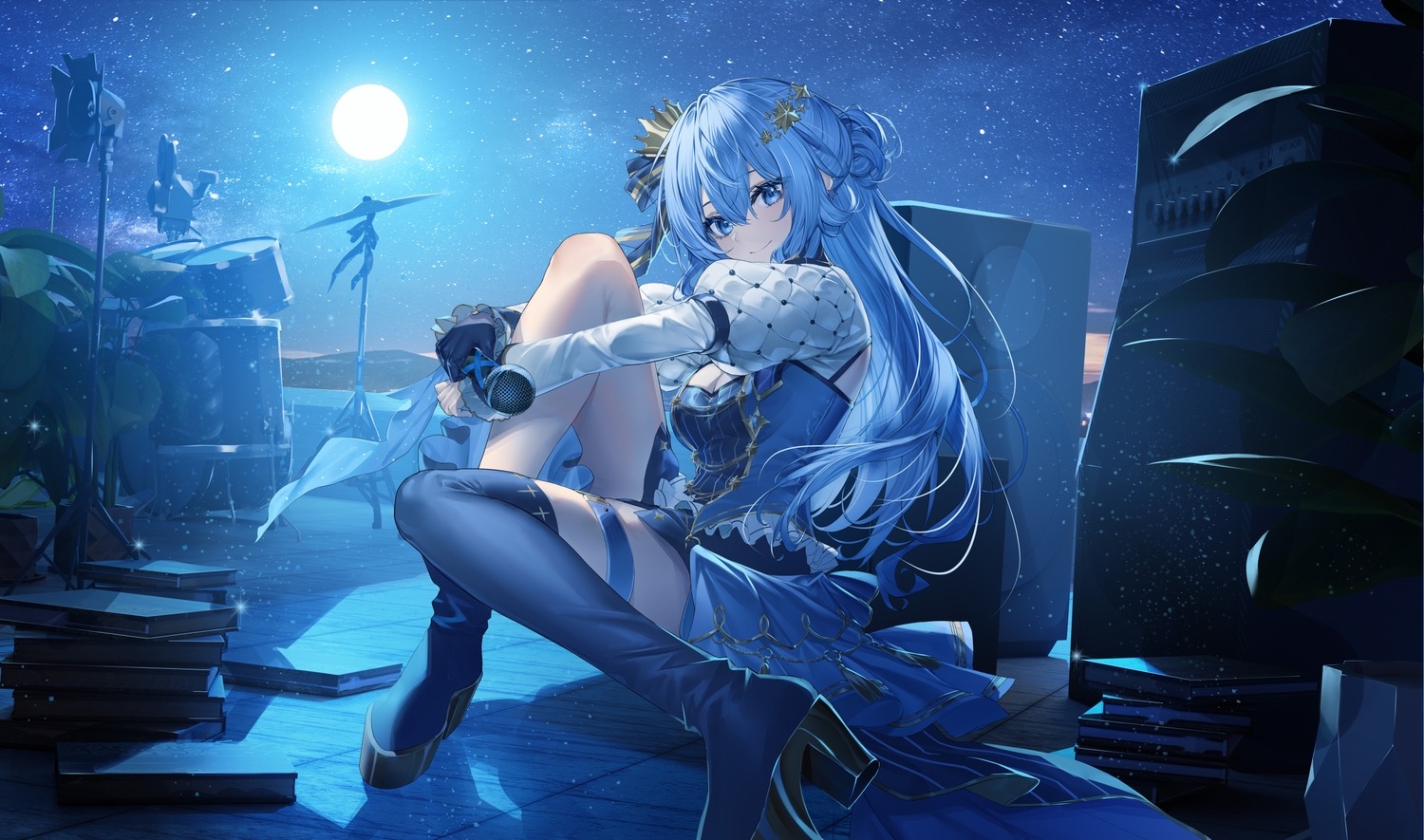 blue_eyes, blue_hair, book, boots, breasts, cleavage, crown, dress