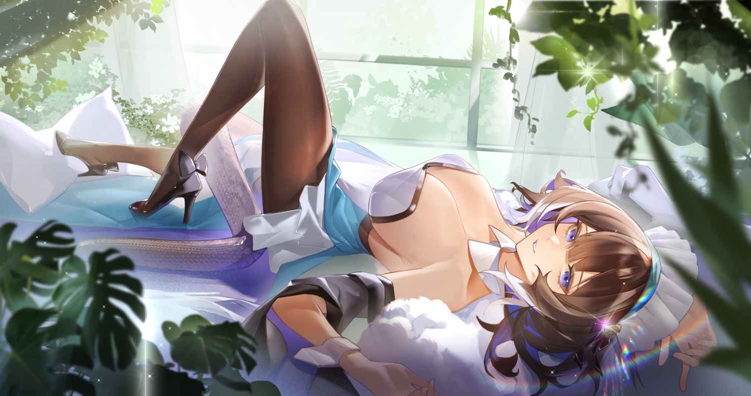 arknights, bed, breasts, brown_hair, cleavage, dress, headband, kjera_(arknights), pantyhose, purple_eyes, xianyu_liang