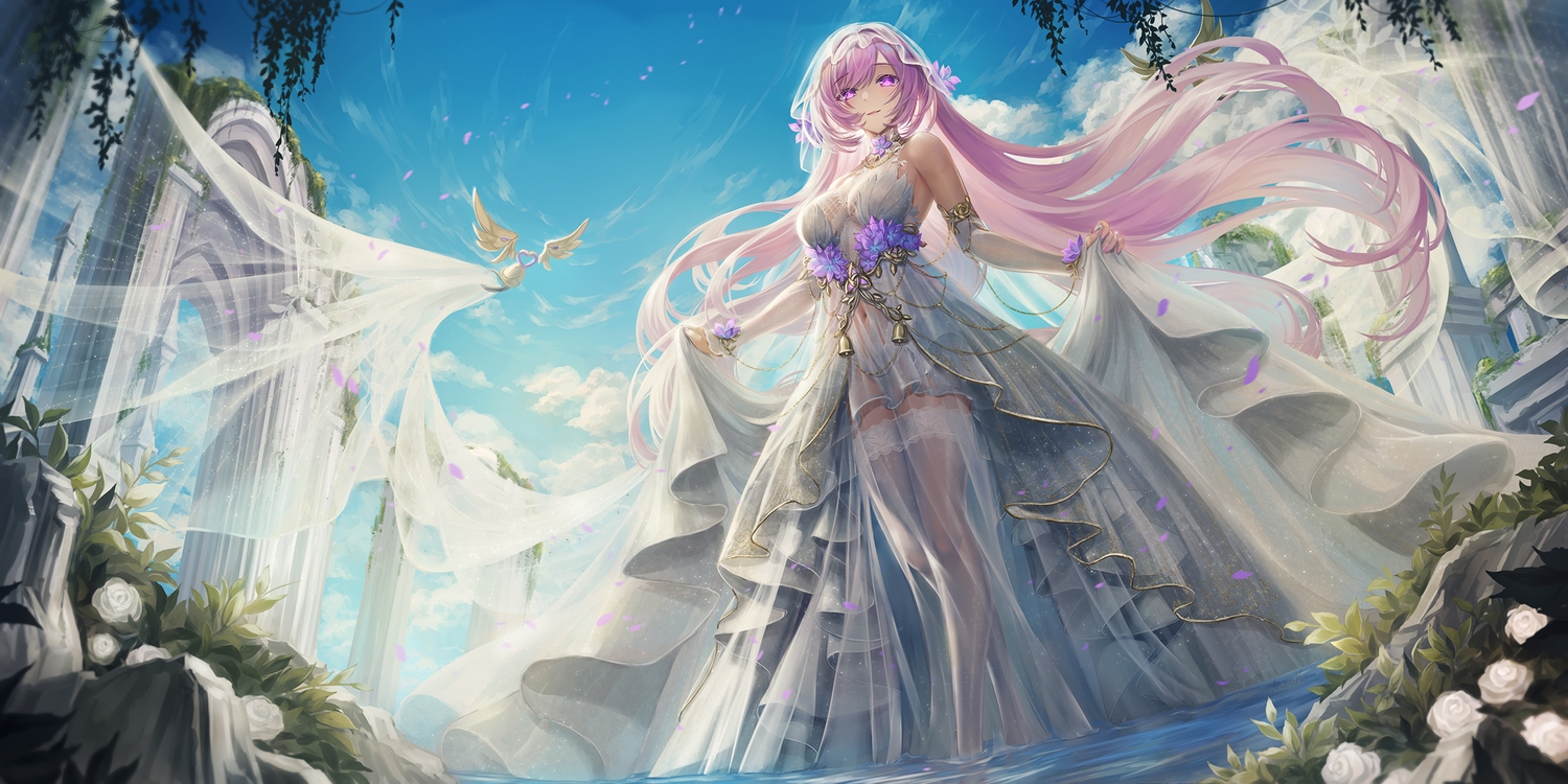 dress, elysia_(honkai_impact), flowers, honkai_impact, honkai_(series), long_hair, pink_hair, purple_eyes