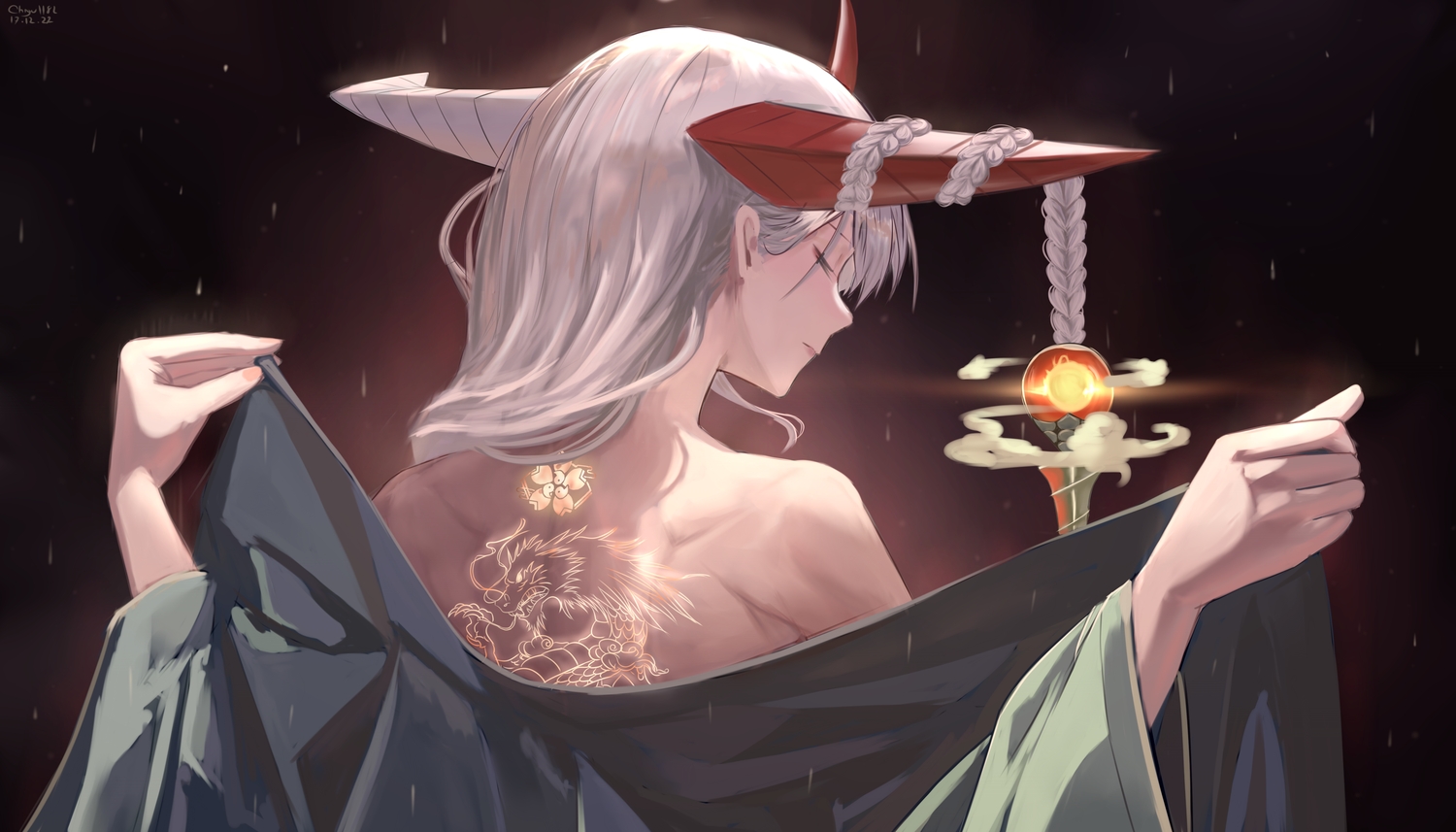 anthropomorphism, azur_lane, chiyu1182, close, gray_hair, hakuryuu_(azur_lane), horns, long_hair, open_shirt, signed, sword, tattoo, weapon