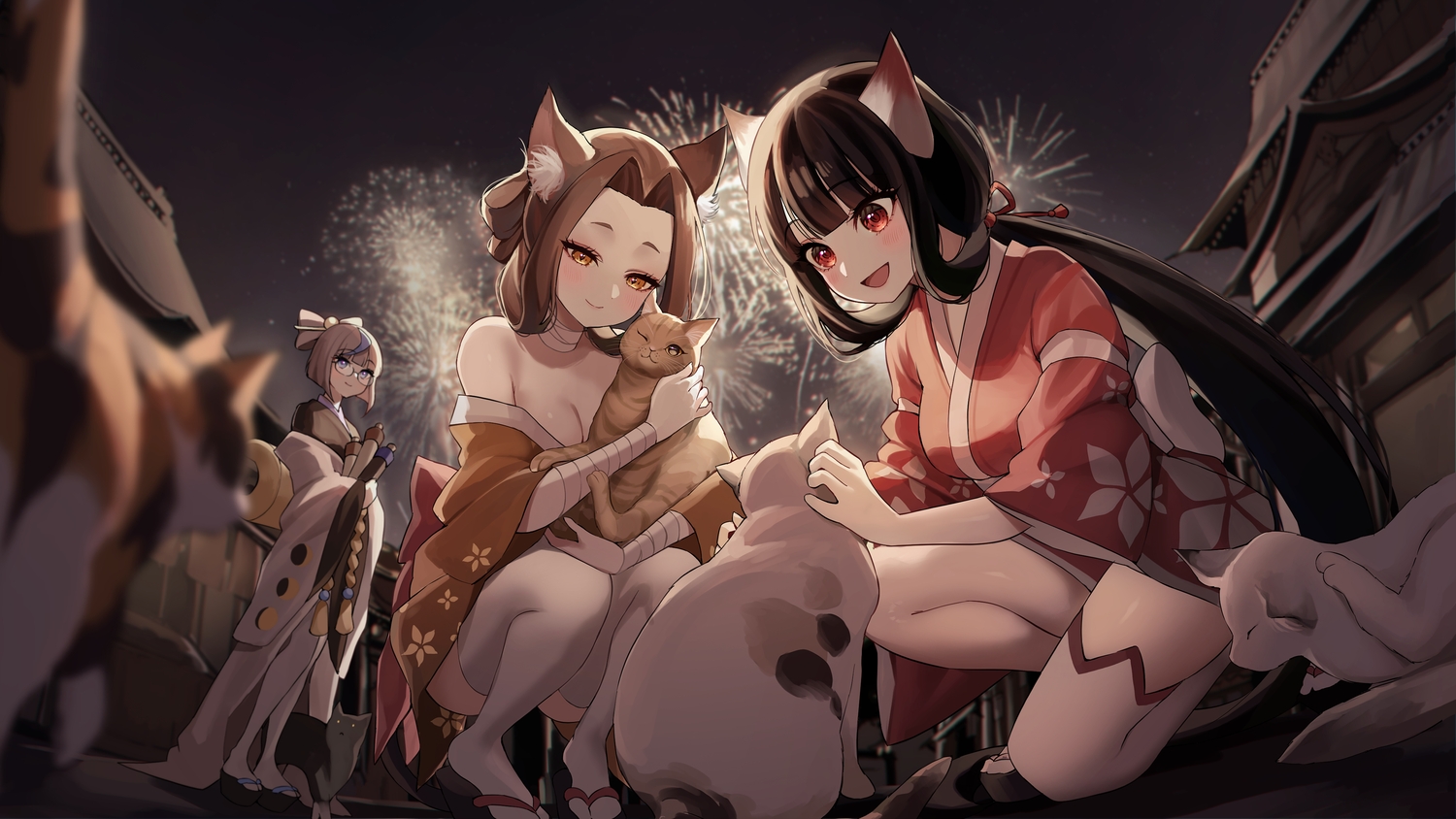 animal, black_hair, brown_eyes, brown_hair, cat, fireworks, glasses, japanese_clothes