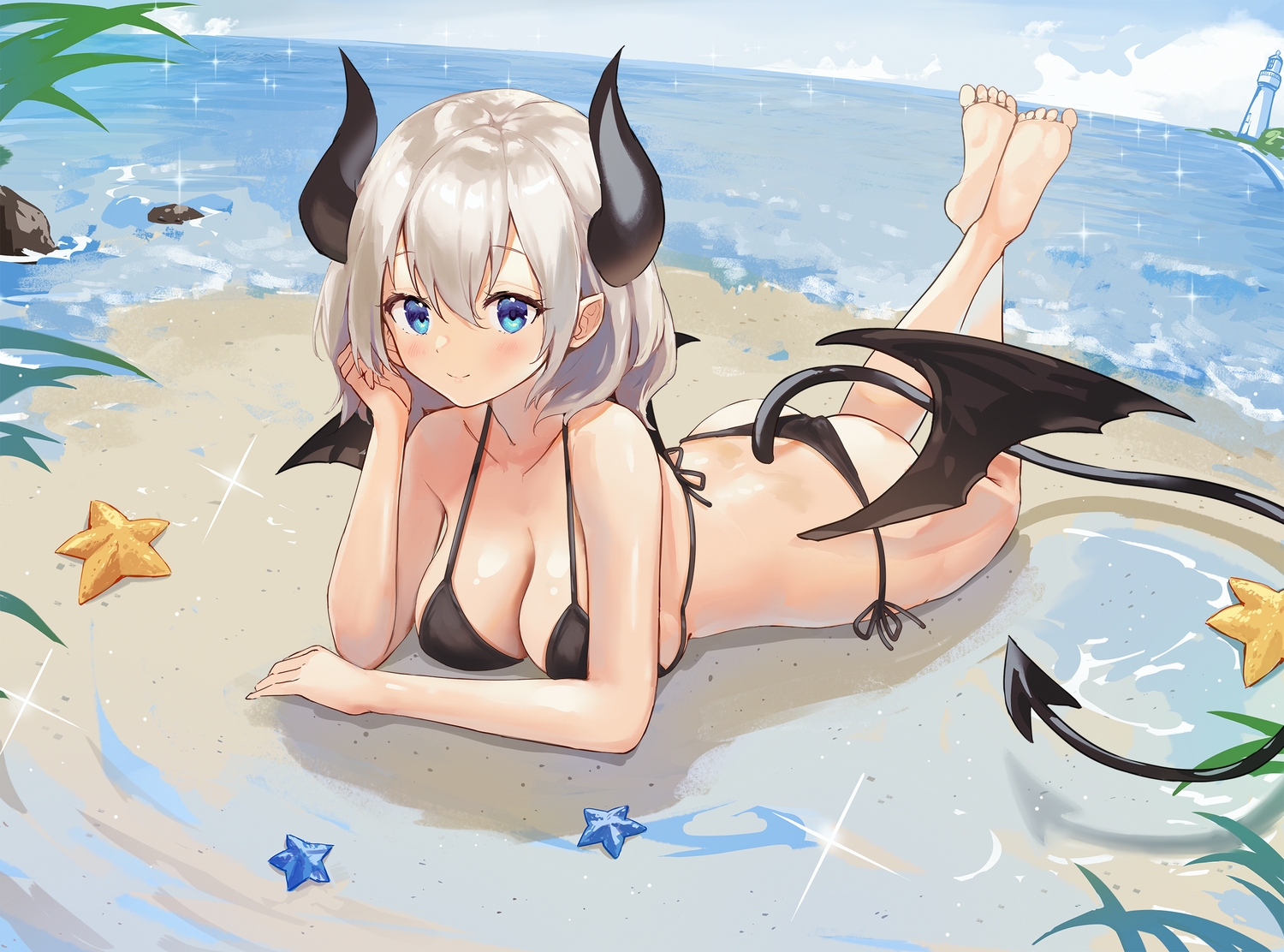 aqua_eyes, ass, barefoot, beach, bikini, clouds, demon, gray_hair