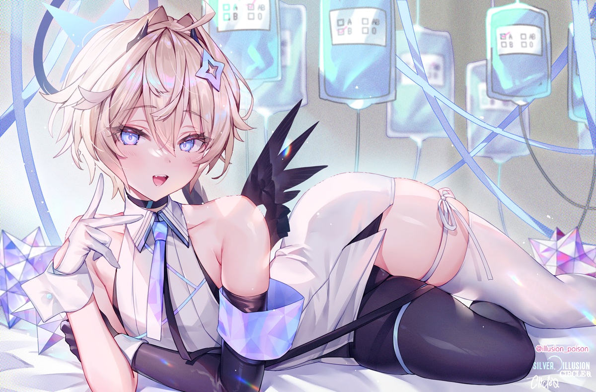 all_male, blonde_hair, blue_eyes, hwansang_jungdog, male, original, otoko_no_ko, short_hair, thighhighs, watermark, wings
