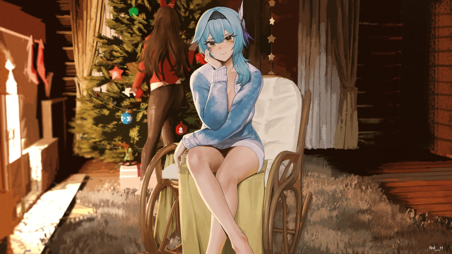 2girls, amber_(genshin_impact), blue_hair, brown_hair, christmas, eula_lawrence, genshin_impact, long_hair, nvl, short_hair, tree, watermark