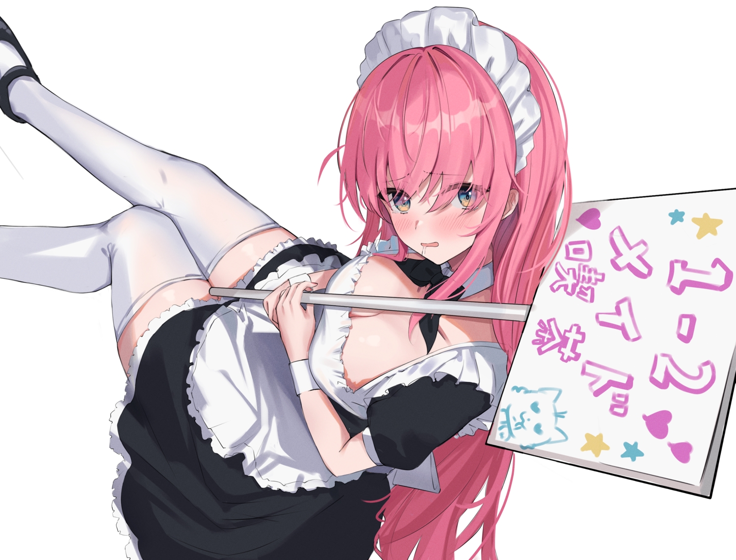bocchi_the_rock!, breasts, cleavage, gotou_hitori, headband, long_hair, maid, pink_hair, thighhighs, v_a_i_r, white, zettai_ryouiki