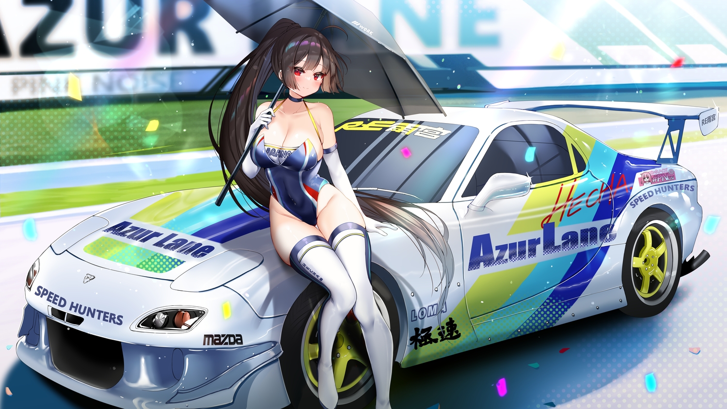 agano_(azur_lane), anthropomorphism, azur_lane, breasts, brown_hair, car, cleavage, elbow_gloves, gloves, hecha_(01964237), long_hair, ponytail, red_eyes, swimsuit, thighhighs, umbrella