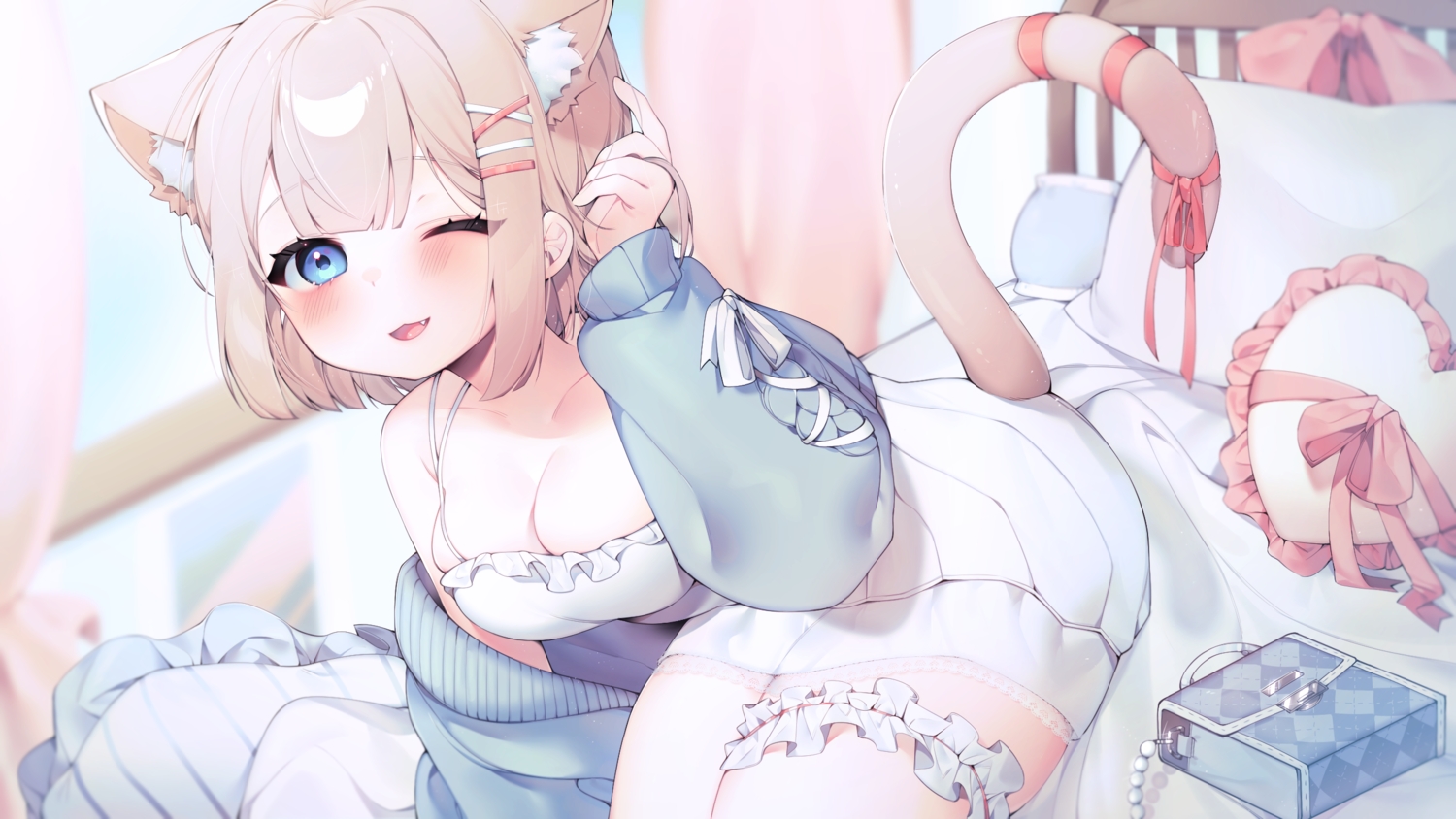 animal_ears, bed, blue_eyes, blush, breasts, brown_hair, catgirl, cat_smile