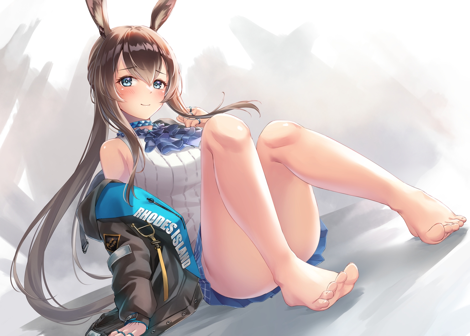 amiya_(arknights), animal_ears, arknights, barefoot, blue_eyes, brown_hair, bunny_ears, long_hair