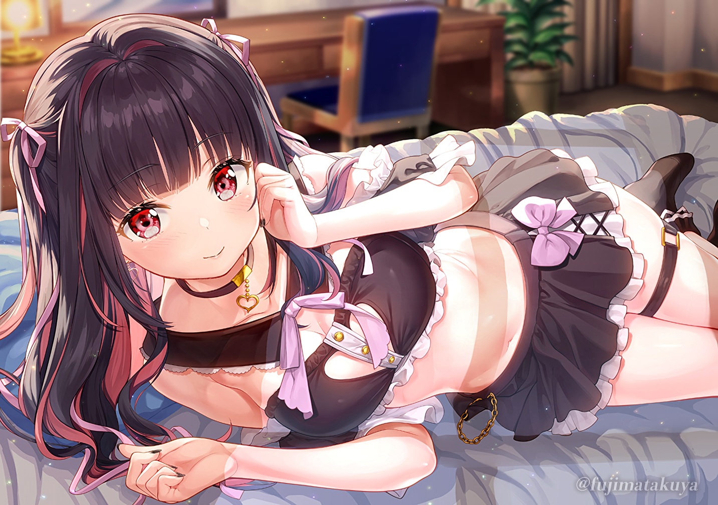 bed, collar, fujima_takuya, garter, long_hair, original, purple_hair, red_eyes