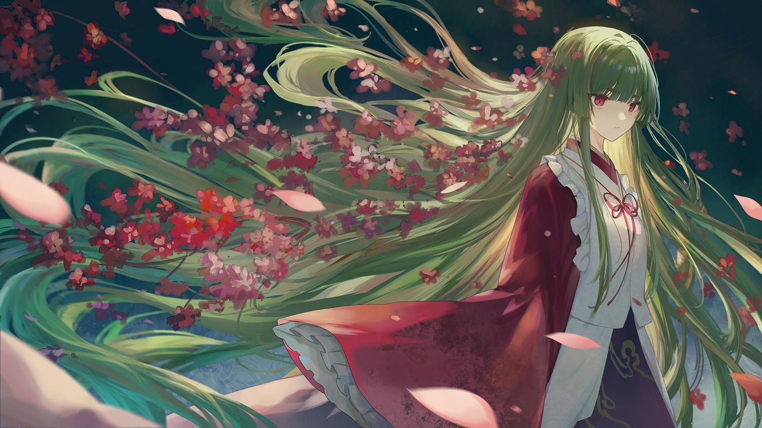 akinomiya_asuka, flowers, green_hair, japanese_clothes, long_hair, original, red_eyes, suitokuin_tenmu, touhou