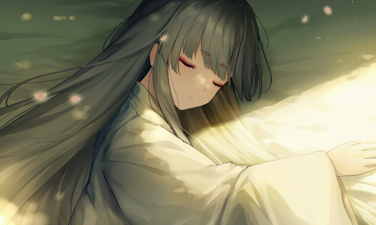 akinomiya_asuka, close, green_hair, japanese_clothes, long_hair, original, sleeping, suitokuin_tenmu, touhou