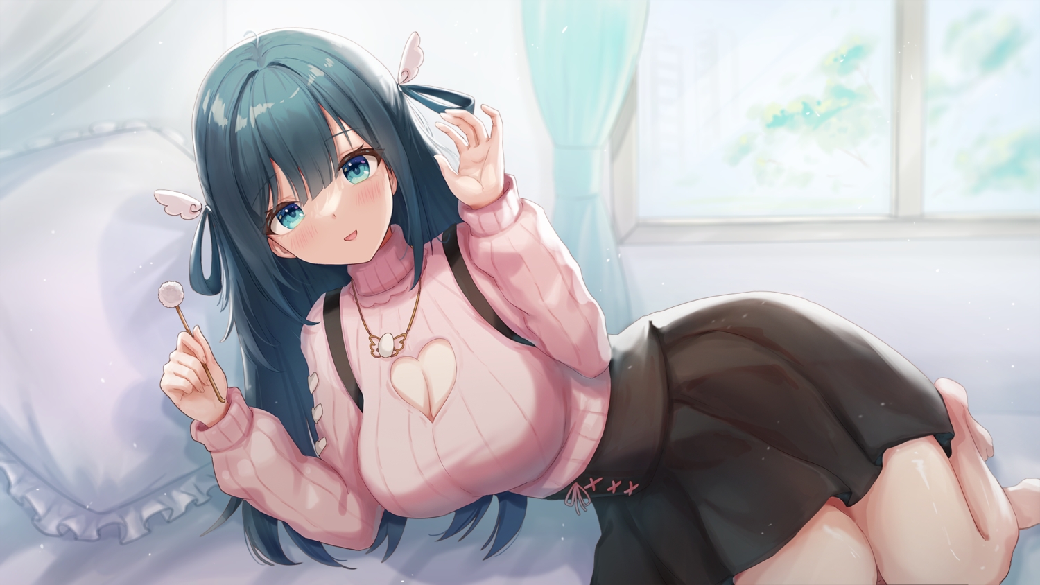 amano_nene_(vtuber), aqua_eyes, barefoot, bed, blush, breasts, cleavage, green_hair, long_hair, necklace, production_kawaii, sauvignon, skirt