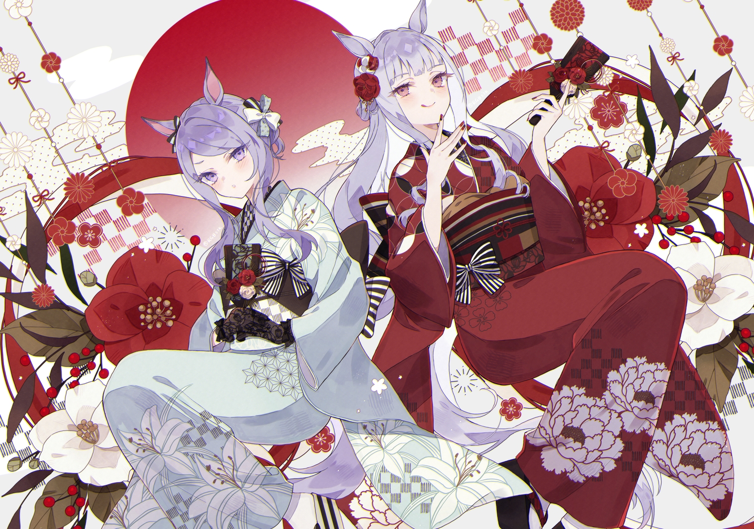 2girls, animal_ears, anthropomorphism, bow, flowers, gloves, gold_ship_(umamusume), gray_hair