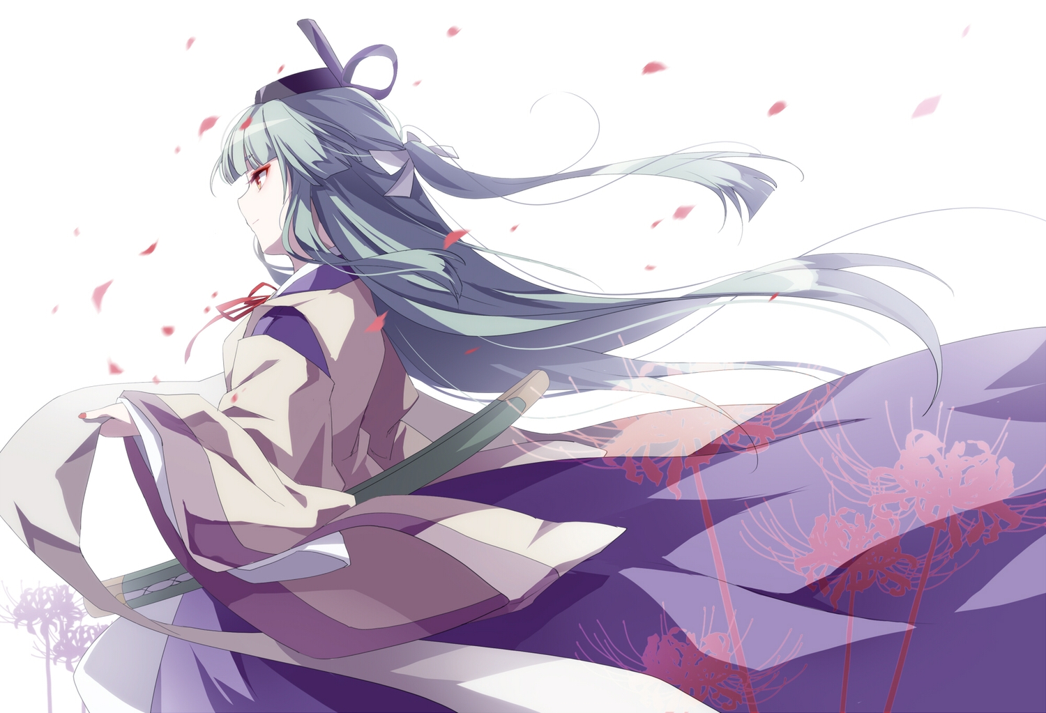 akinomiya_asuka, flowers, green_hair, headdress, japanese_clothes, katana, long_hair, original, petals, red_eyes, silhouette, suitokuin_tenmu, sword, touhou, weapon