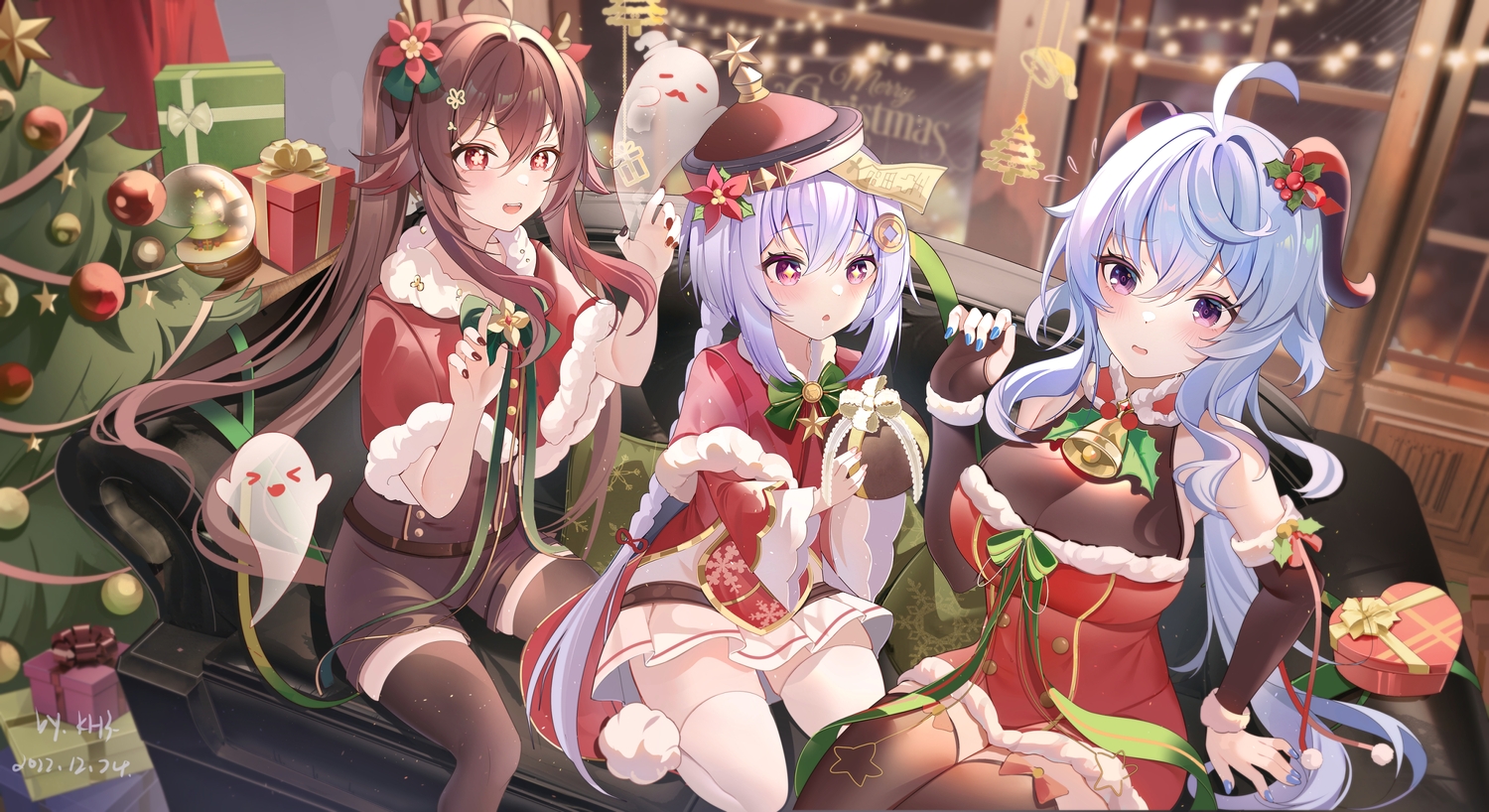 bell, braids, brown_hair, cape, christmas, couch, dress, ganyu_(genshin_impact)