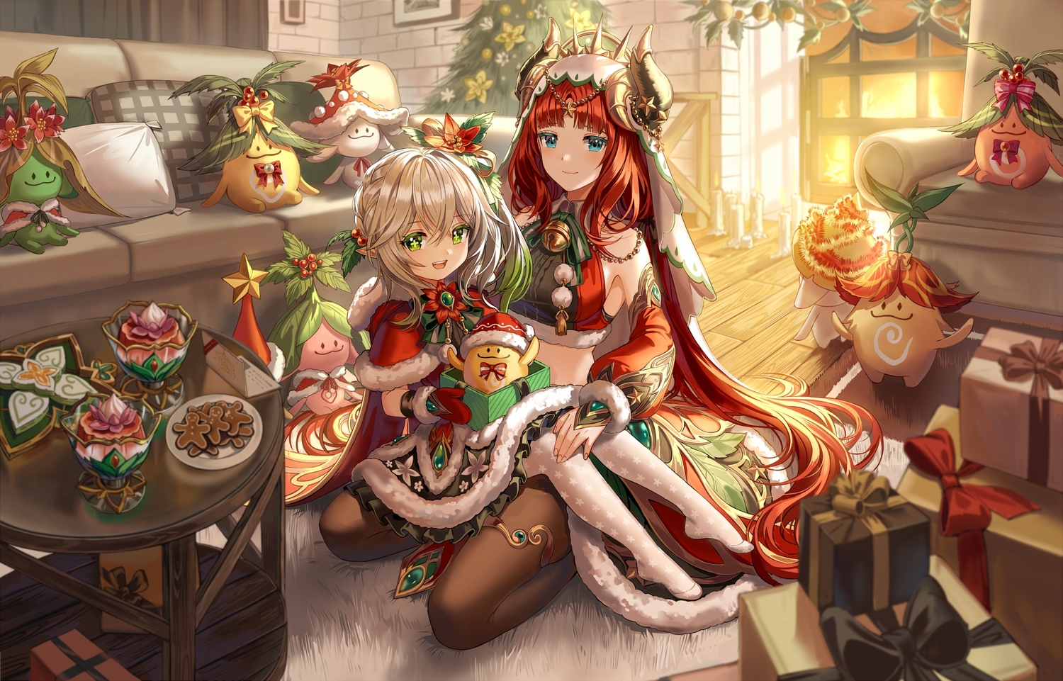 2girls, aqua_eyes, cape, christmas, couch, dress, food, genshin_impact