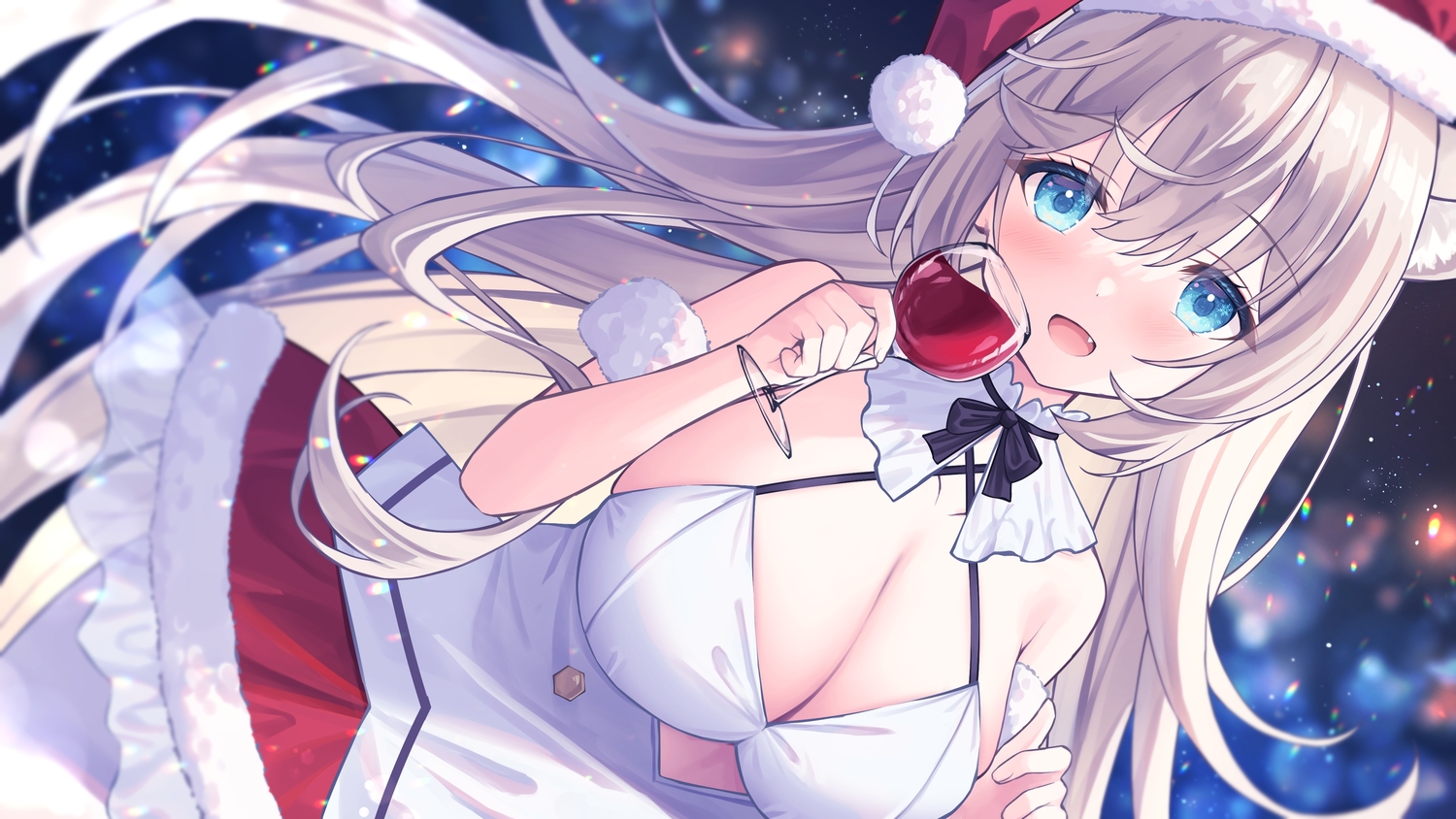 animal_ears, aqua_eyes, blush, breasts, brown_hair, christmas, cleavage, dress, drink, fang, hat, long_hair, no_bra, santa_hat, satsuki_yukimi