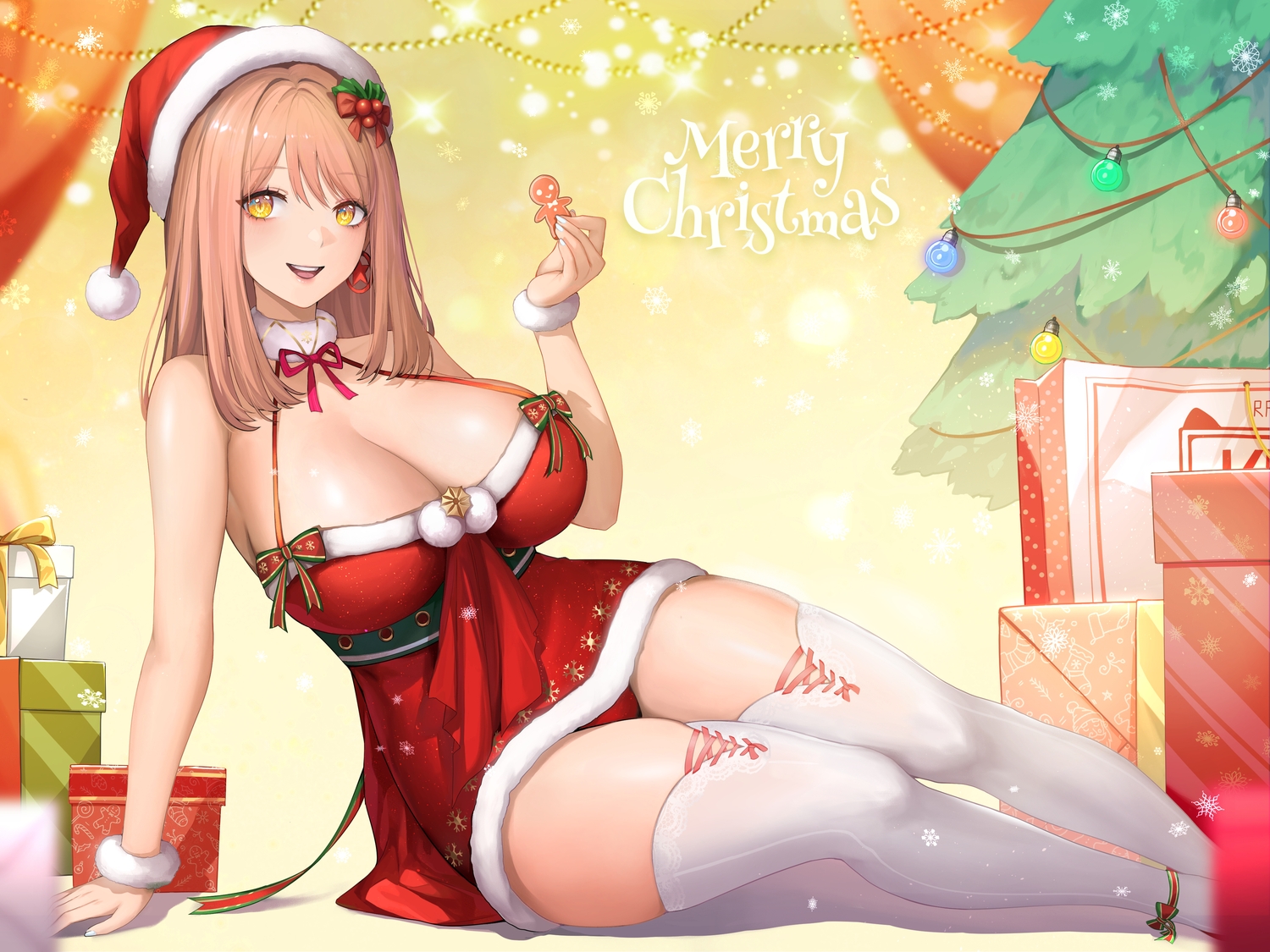 2r-_(pixiv8168114), bow, breasts, brown_hair, christmas, cleavage, dress, emma_(nikke), goddess_of_victory:_nikke, hat, long_hair, santa_hat, thighhighs, tree, wristwear, yellow_eyes, zettai_ryouiki