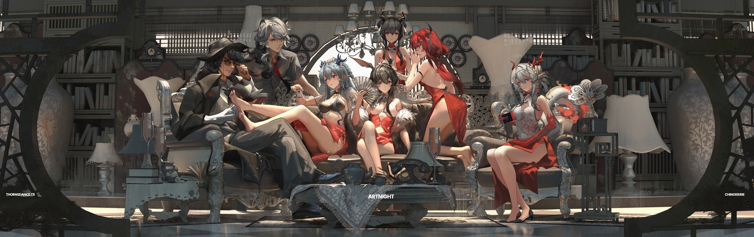 3d, amiya_(arknights), animal_ears, arknights, barefoot, brown_hair, bunny_ears, catboy, ch'en_(arknights), couch, dress, fan, gray_hair, group, hat, horns, ibara_dance, ling_(arknights), long_hair, male, mr._nothing_(arknights), nian_(arknights), pointed_ears, red_eyes, red_hair, short_hair, silverash_(arknights), surtr_(arknights), watermark