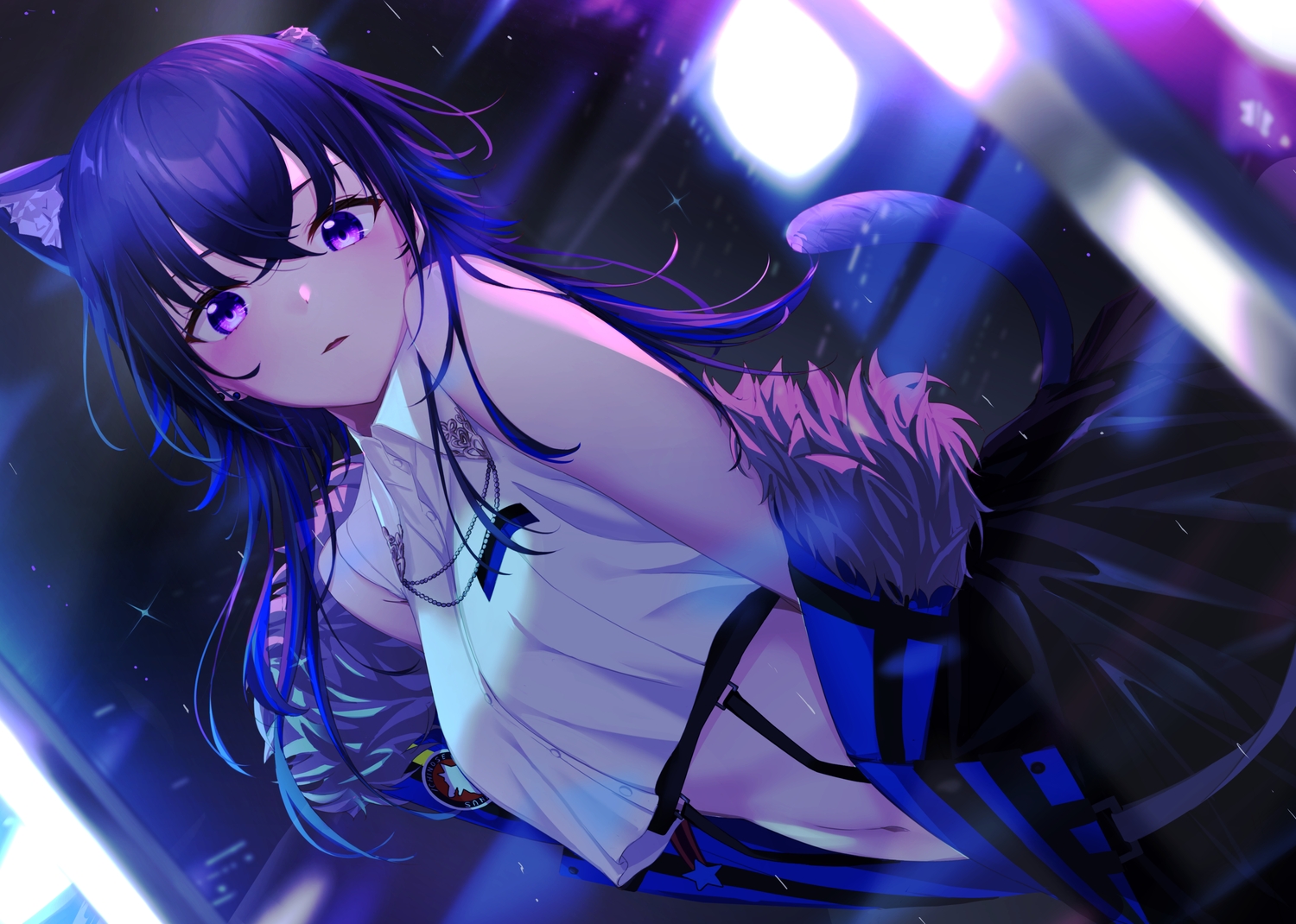 animal_ears, black_hair, catgirl, ichinose_uruha, long_hair, lupinus_virtual_games, navel, open_shirt