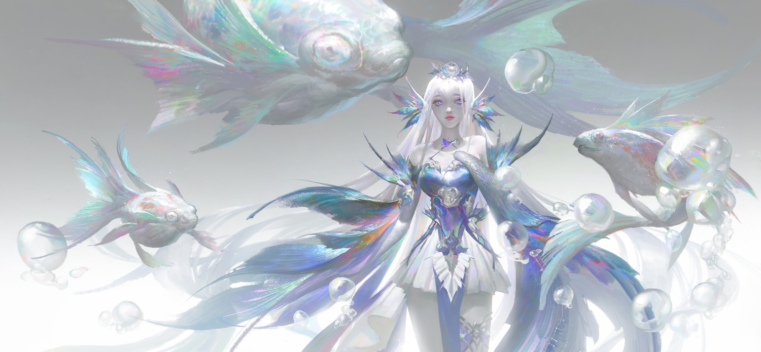 animal, blue_eyes, dress, fish, garter, gradient, gray, headdress, leo-dont-want-to-be-a-painter, long_hair, realistic, tearlaments_kitkallos, water, white_hair, yu-gi-oh