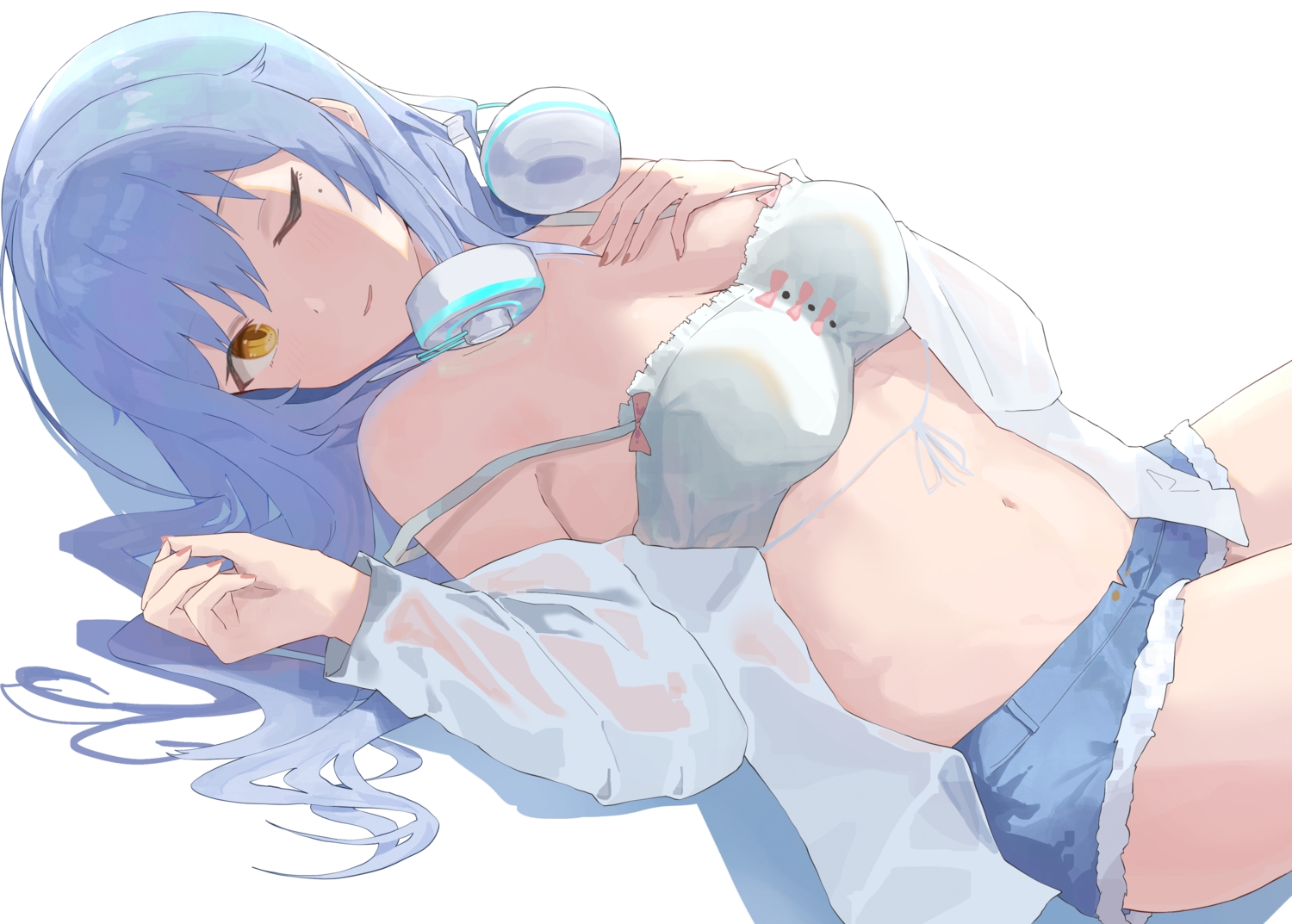 asagi_shiki, blue_hair, evening_rabbit, headphones, indie_virtual_youtuber, long_hair, navel, open_shirt, see_through, shorts, wink, yellow_eyes