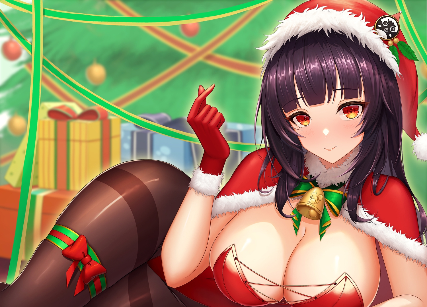 abeen_jhong, bell, bow, christmas, gloves, hat, leotard, long_hair, no_bra, original, pantyhose, purple_hair, ribbons, santa_hat, tree