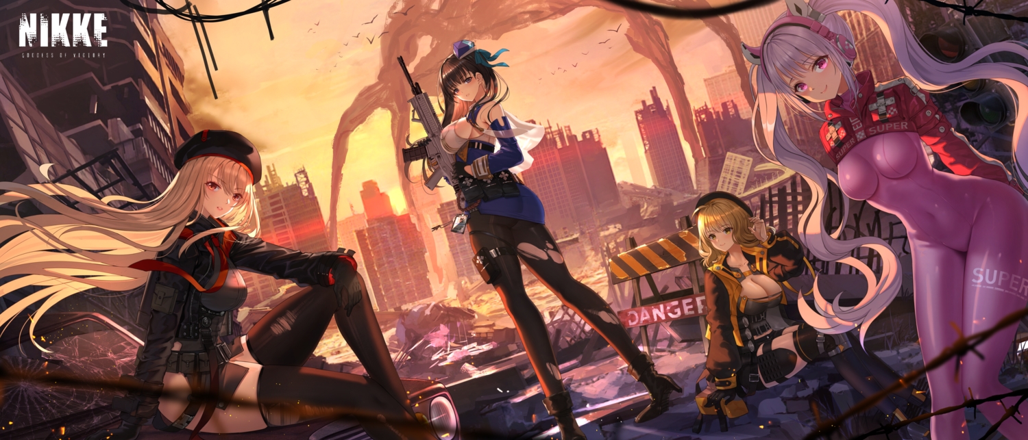 alice_(nikke), anis_(nikke), blonde_hair, bodysuit, brown_hair, building, city, goddess_of_victory:_nikke