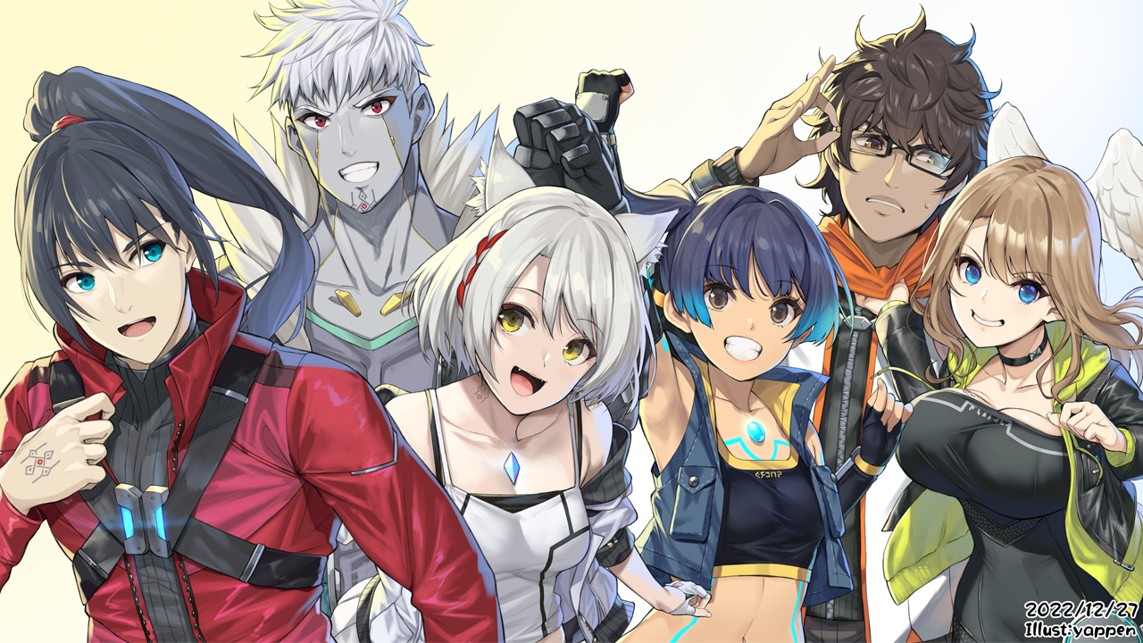 animal_ears, aqua_eyes, black_hair, blue_eyes, blue_hair, braids, breasts, brown_eyes, brown_hair, catgirl, choker, cleavage, dark_skin, eunie_(xenoblade), fang, glasses, gloves, gradient, group, hood, lanz_(xenoblade), long_hair, male, mio_(xenoblade), navel, noah_(xenoblade), orange_eyes, ponytail, red_eyes, sena_(xenoblade), short_hair, taion_(xenoblade), tattoo, watermark, white_hair, wings, xenoblade, yappen, yellow_eyes