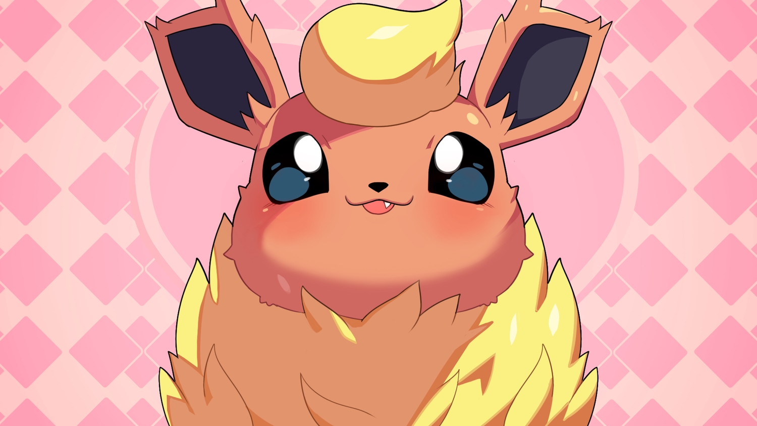 black_eyes, cat_smile, close, drunkoak, fang, flareon, no_humans, pink