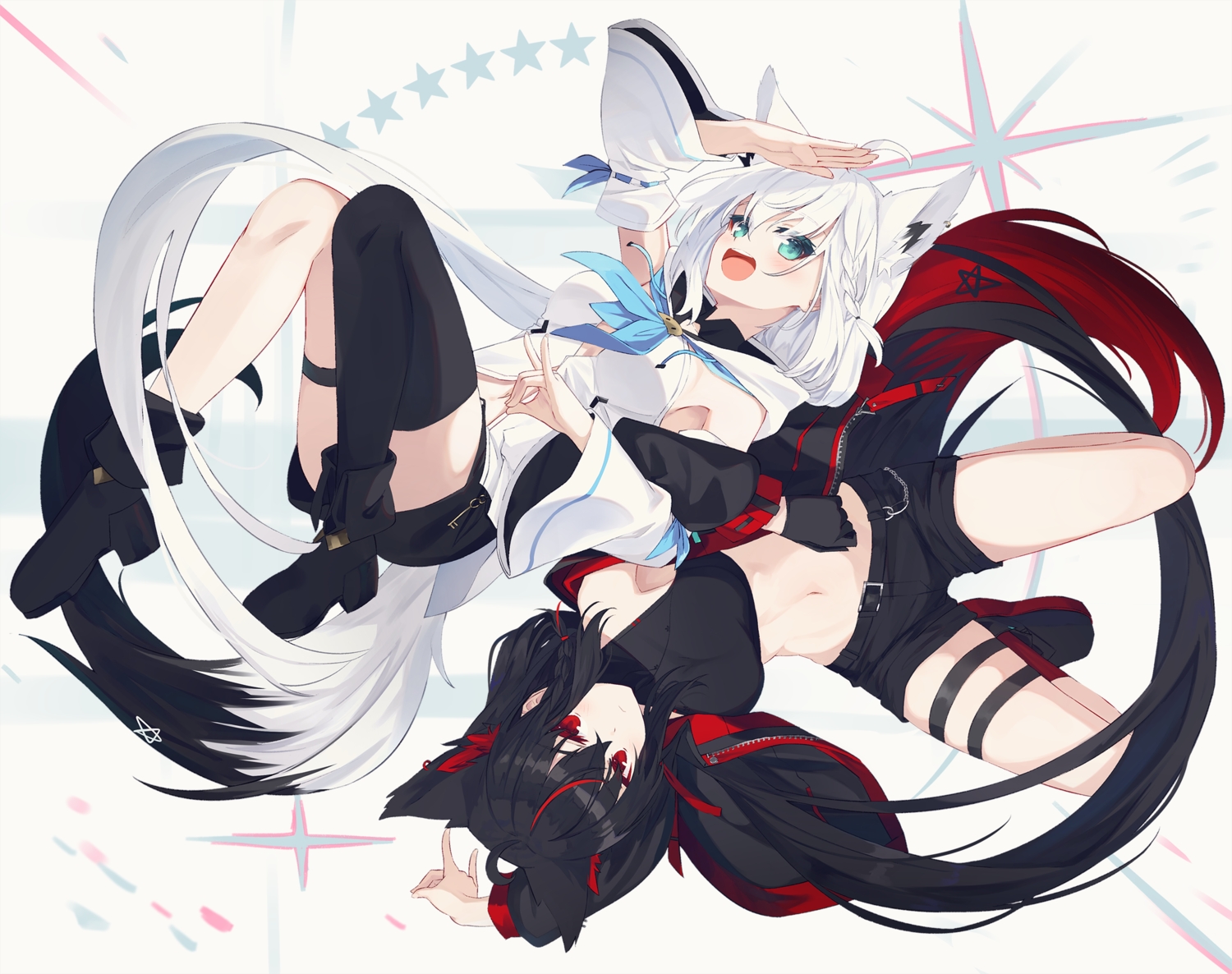 2girls, black_hair, blush, boots, braids, foxgirl, garter, gloves