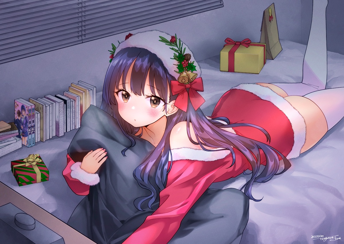 ass, bed, bell, black_hair, blush, boku_no_kokoro_no_yabai_yatsu, book, bow, brown_eyes, christmas, dress, headdress, kurosu_tsugutoshi, long_hair, purple_eyes, santa_costume, signed, thighhighs, yamada_anna, zettai_ryouiki