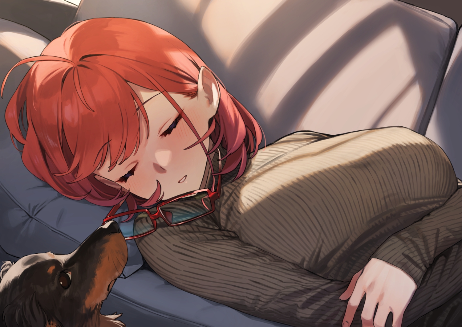 92m, animal, blush, breast_hold, close, dog, glasses, kinshi_no_ane, original, red_hair, short_hair, sleeping