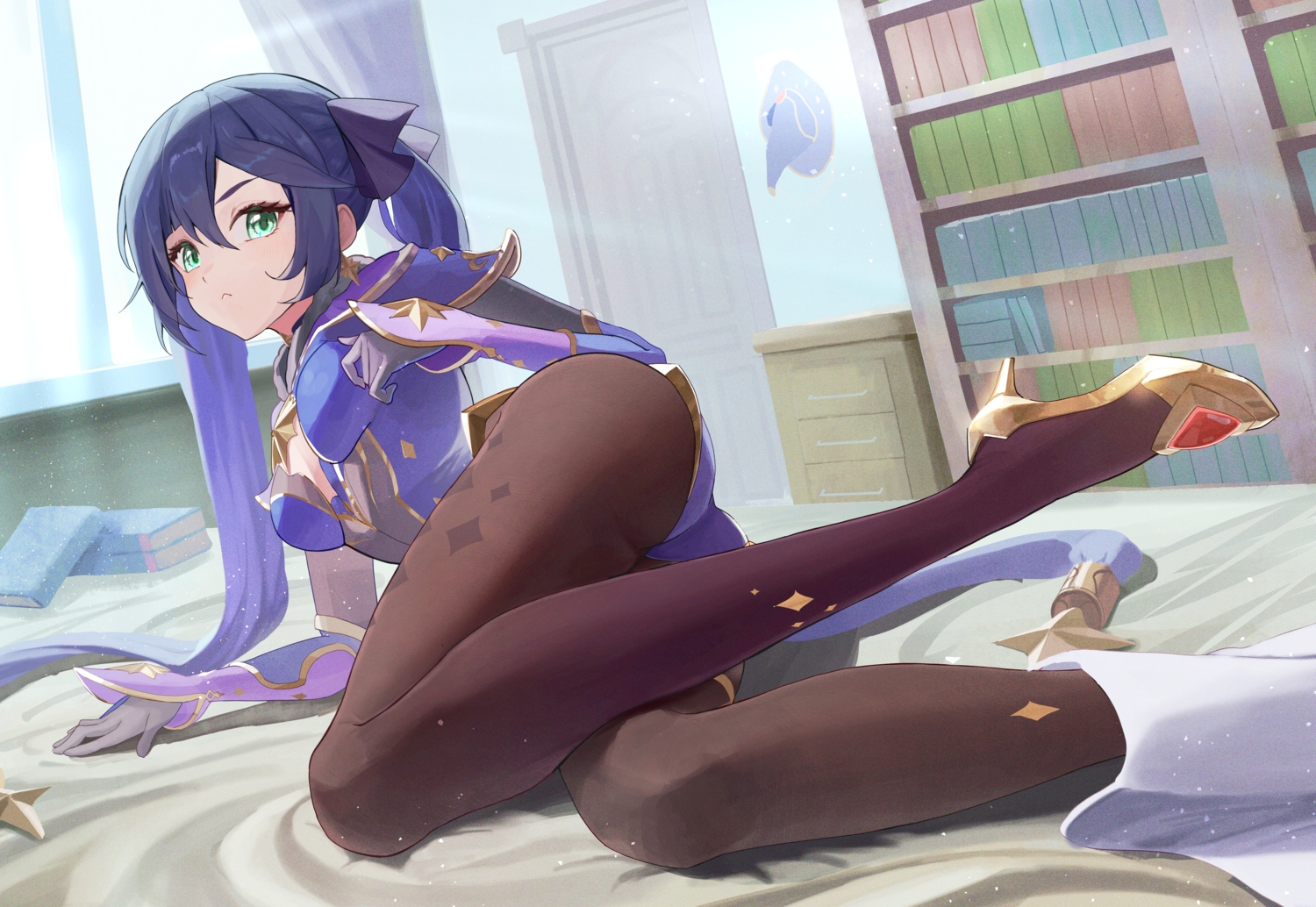 ass, genshin_impact, gloves, green_eyes, jin_lia, leotard, long_hair, mona_megistus, pantyhose, purple_hair, twintails