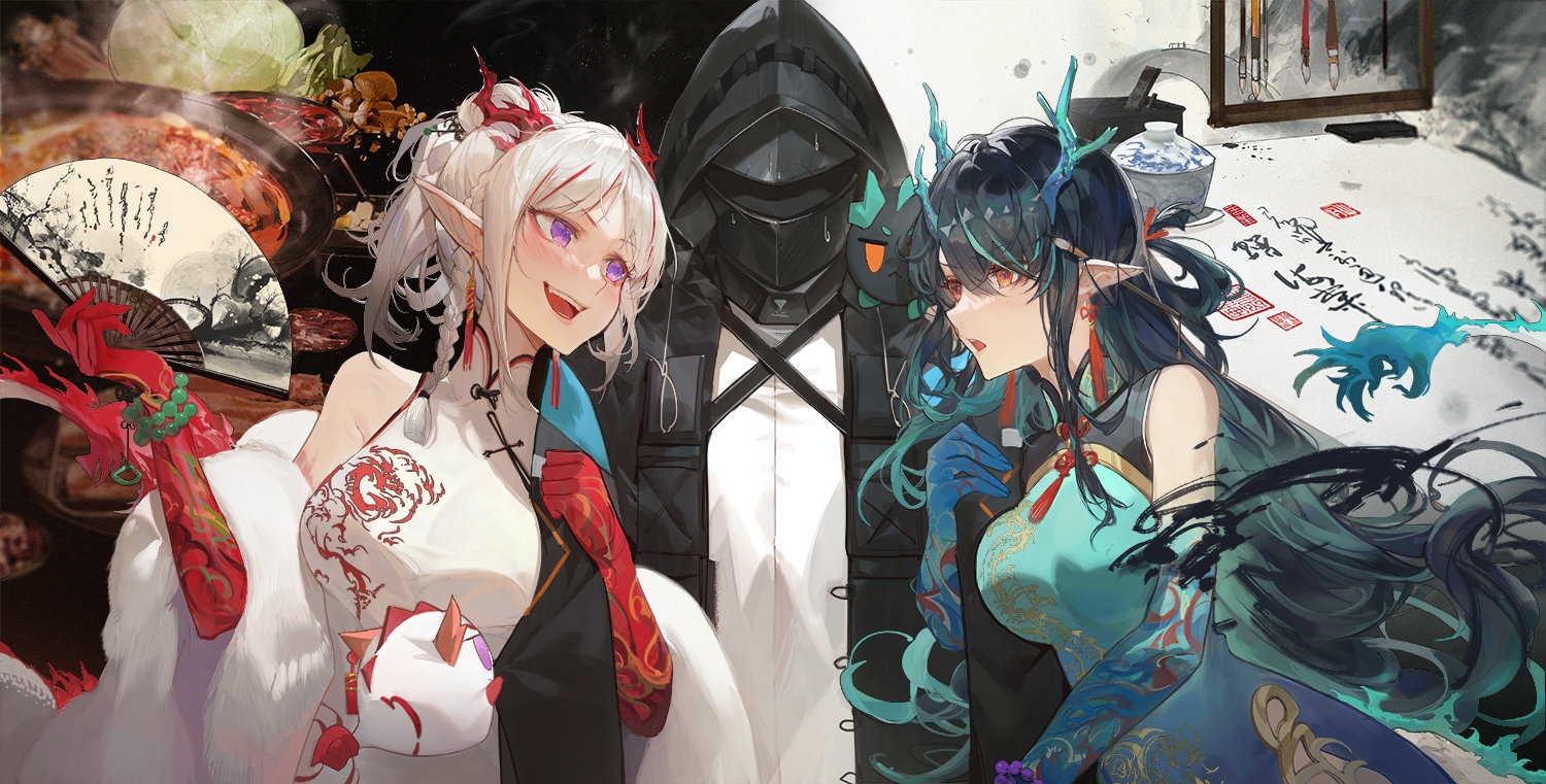 aliasing, arknights, black_hair, chinese_clothes, chinese_dress, doctor_(arknights), dress, dusk_(arknights)