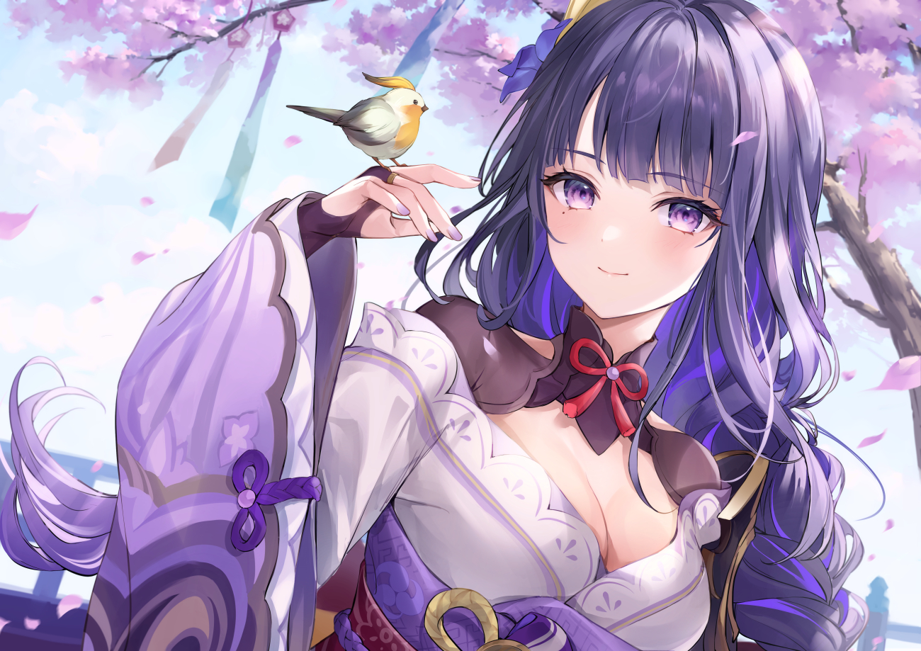 animal, bird, braids, breasts, cleavage, close, genshin_impact, higeneko