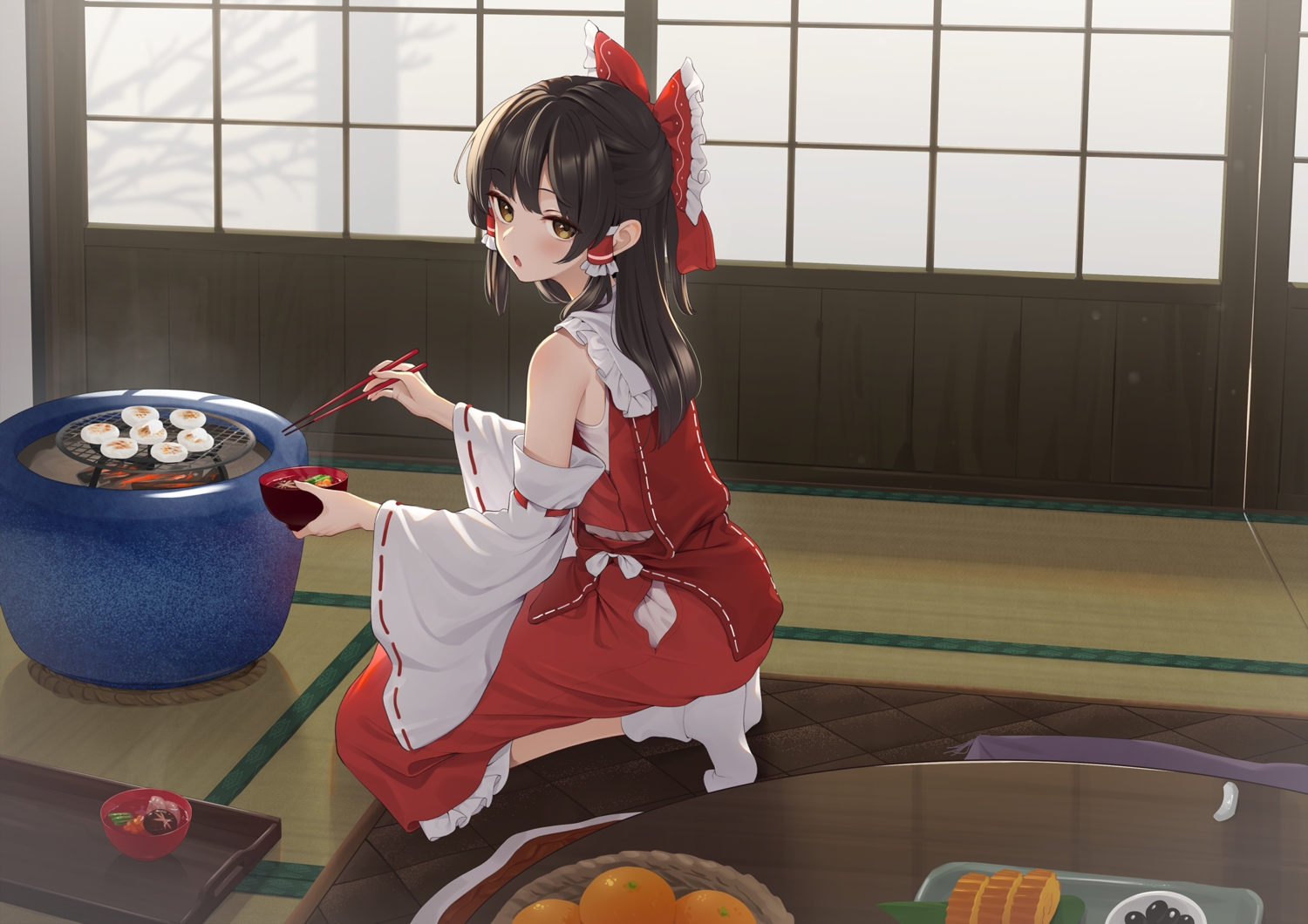 brown_eyes, brown_hair, food, fruit, hakurei_reimu, japanese_clothes, kanpa_(campagne_9), long_hair