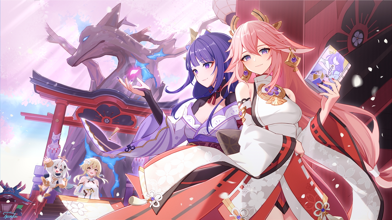 blonde_hair, genshin_impact, gray_hair, group, japanese_clothes, long_hair, lumine_(genshin_impact), paimon_(genshin_impact)