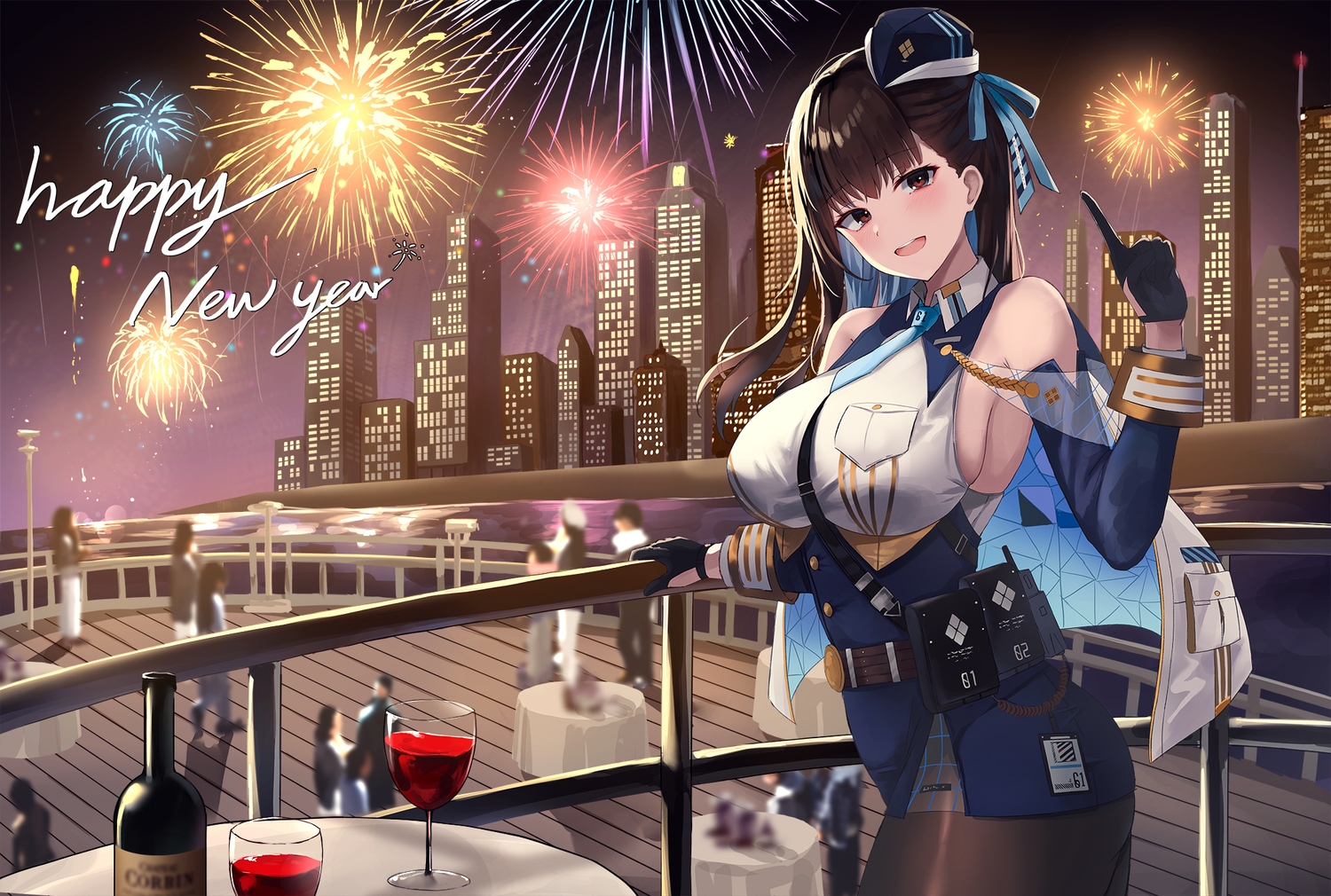 brown_eyes, brown_hair, building, city, drink, fireworks, gloves, goddess_of_victory:_nikke